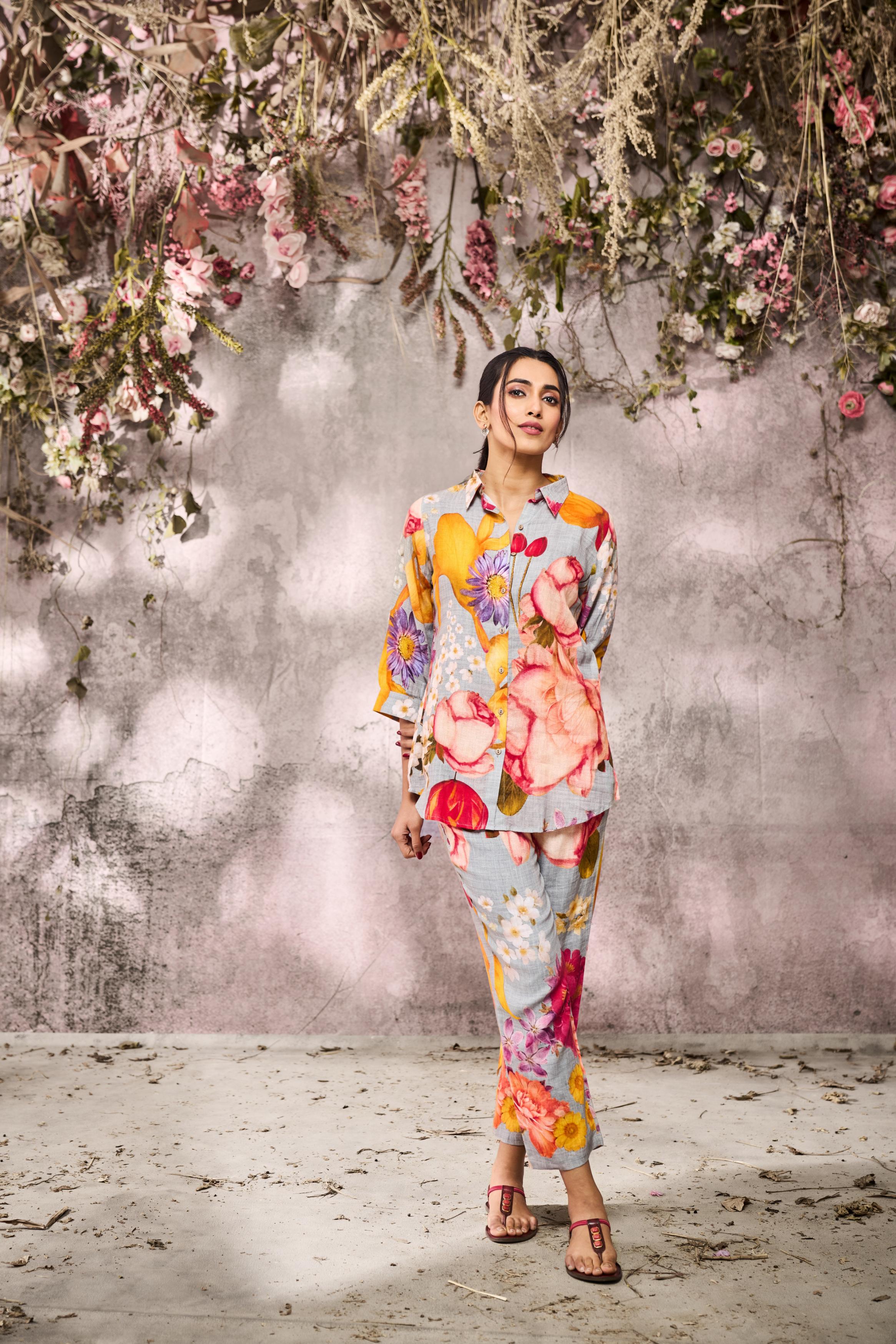 Multi Color Floral Printed Linen Silk Co-Ord Set