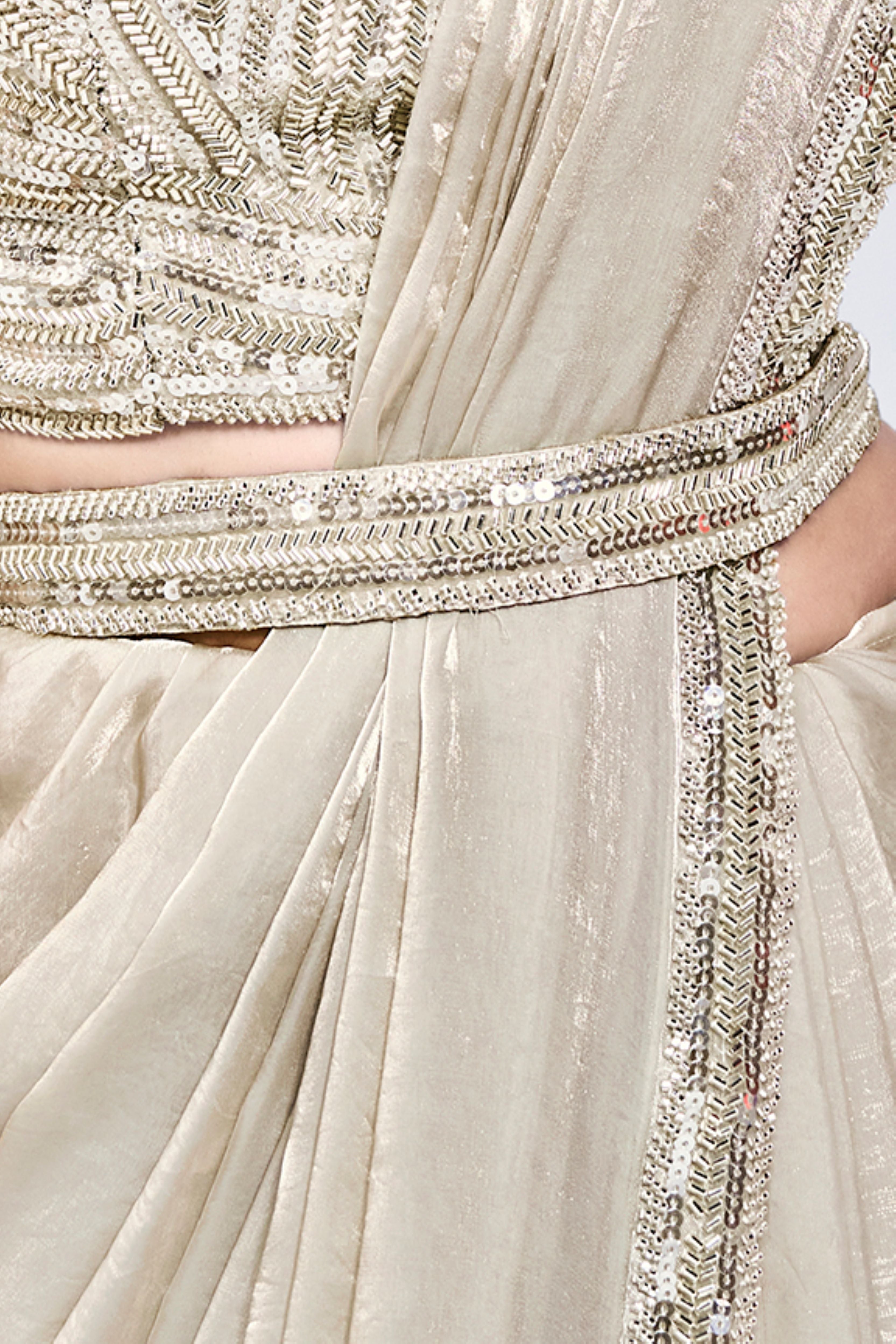 Pearl Cream Embellished Satin Silk Saree