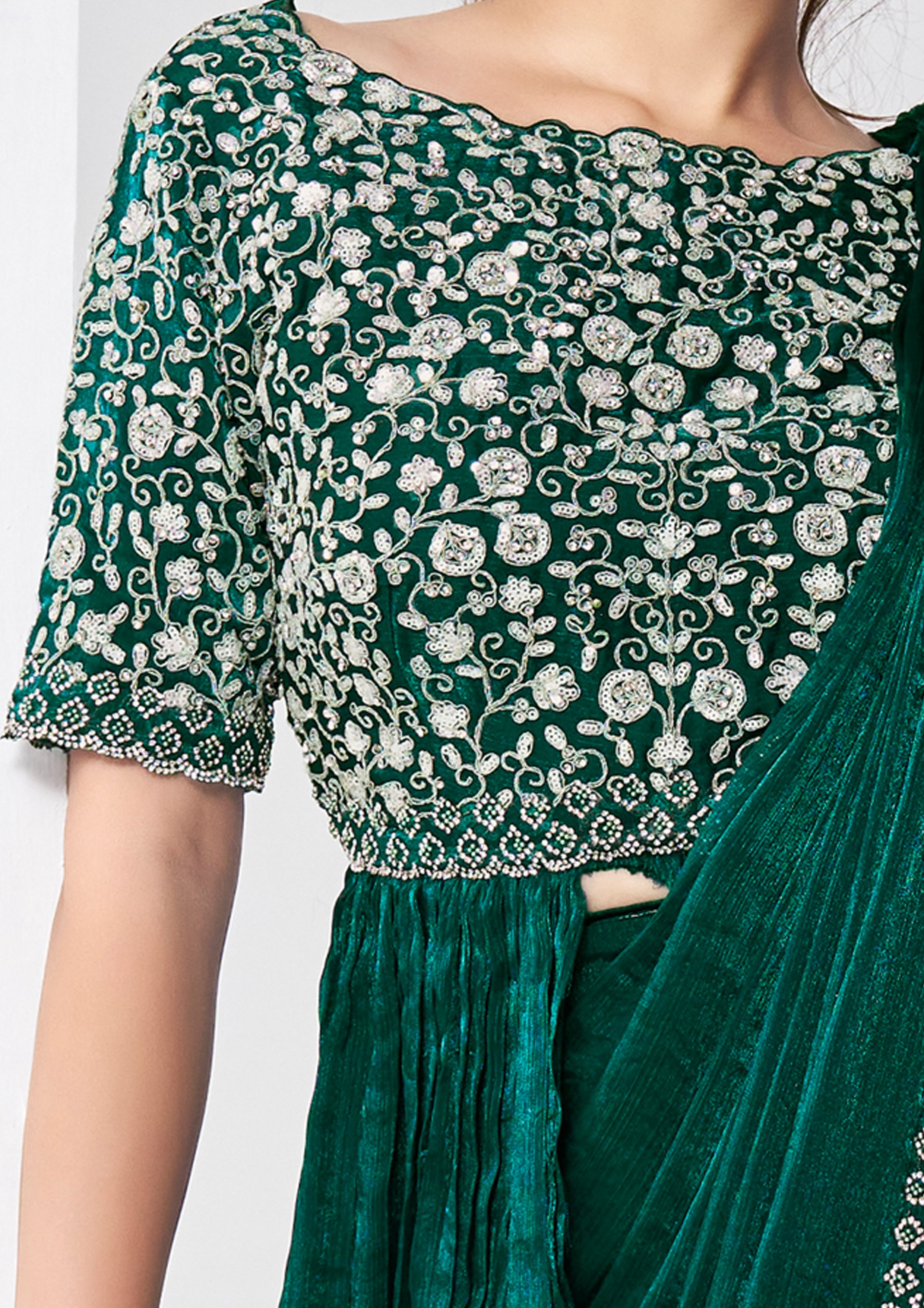 Forest Green Embellished Shimmer Chiffon Saree
