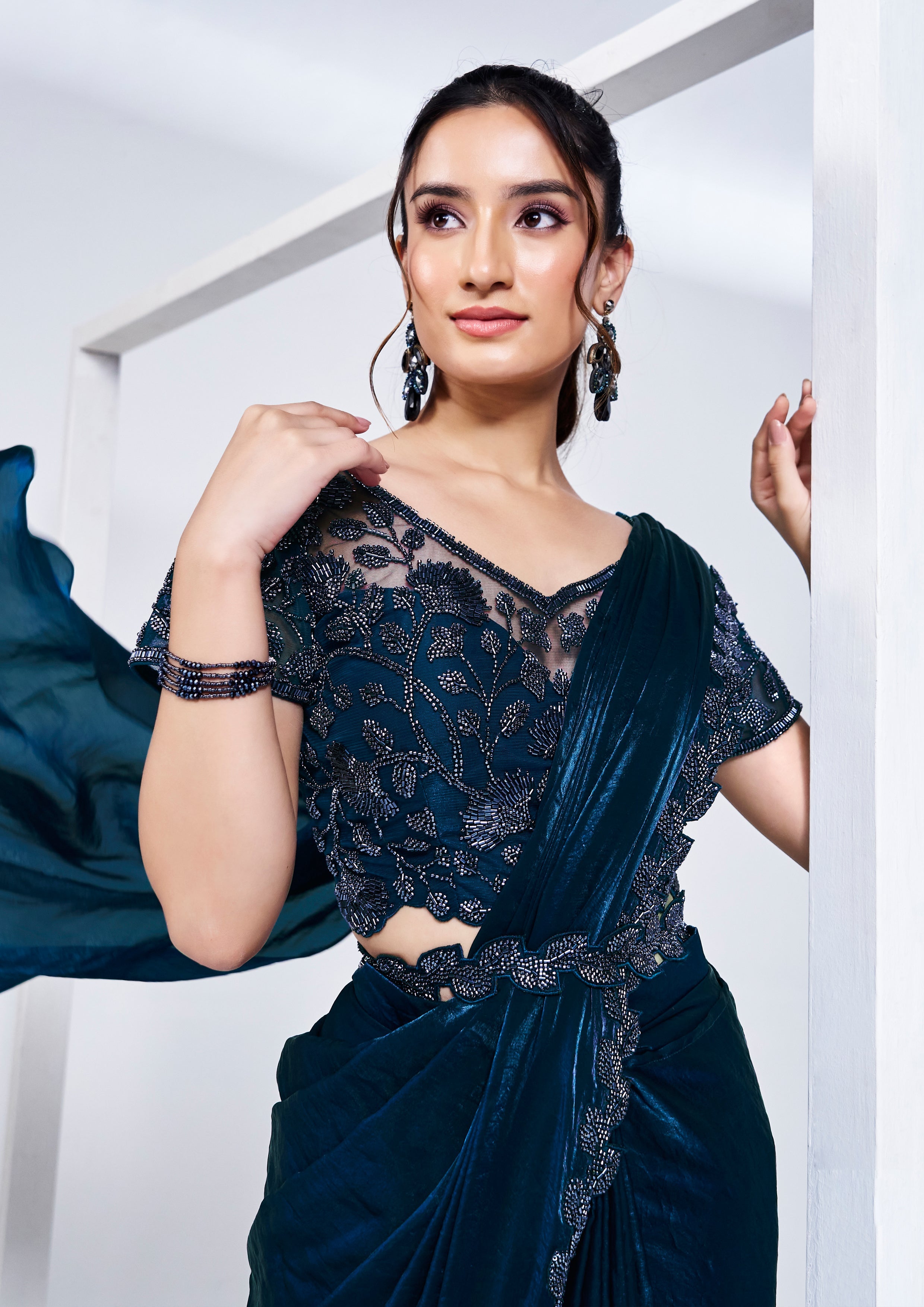 Sapphire Blue Embellished Satin Silk Saree