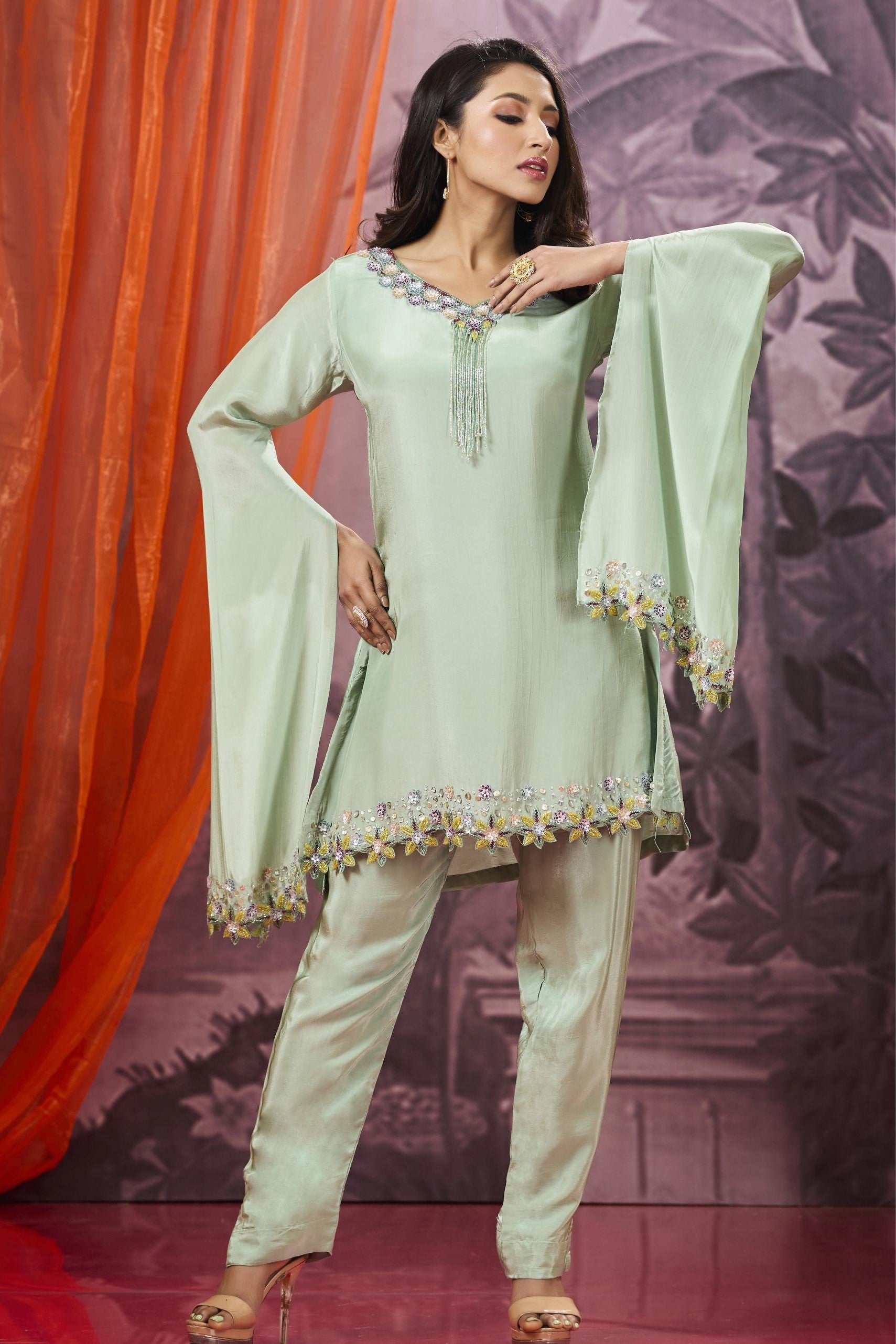 Pastel Green Embellished Satin Silk Pants Set