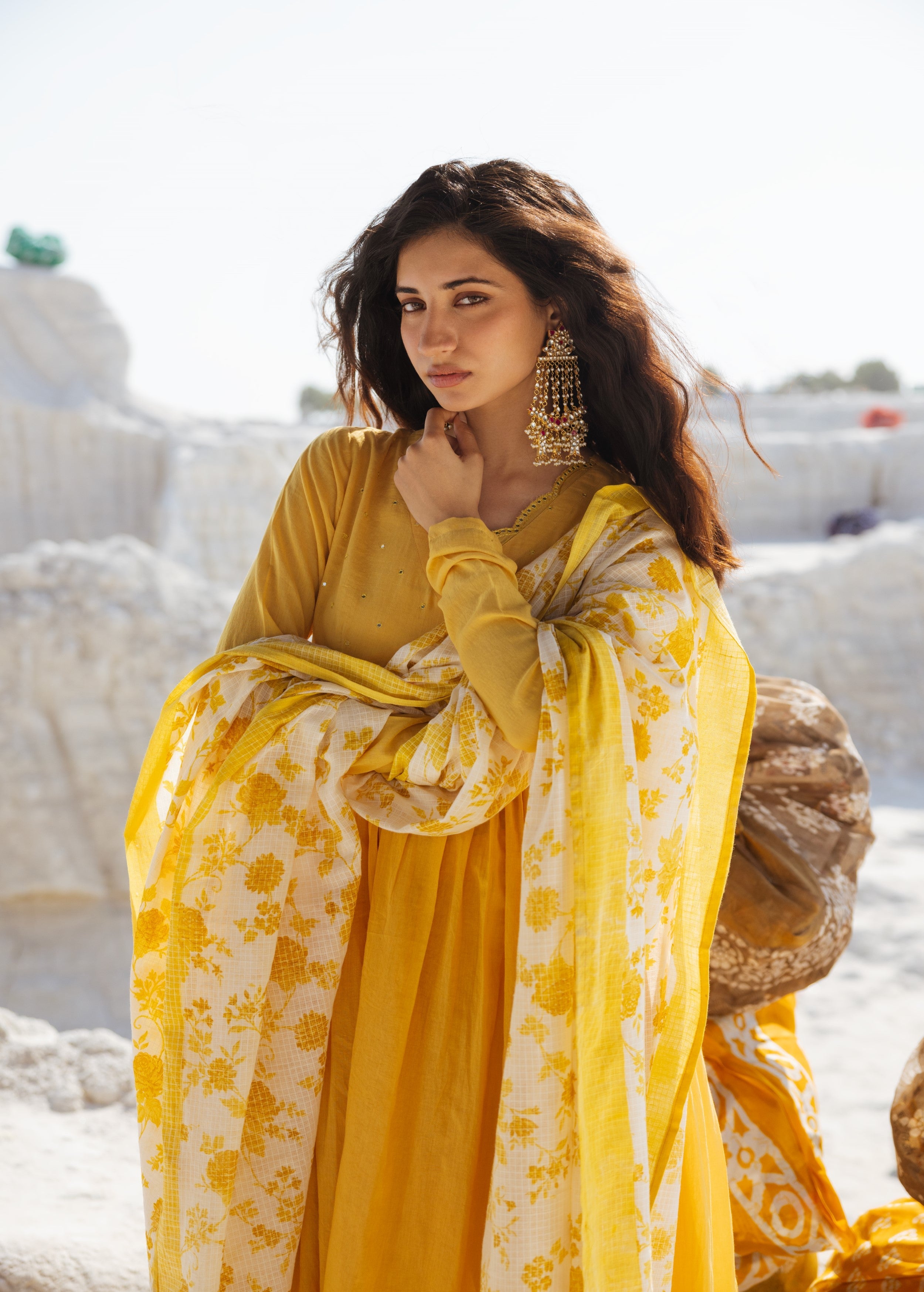 Lemon Yellow Embellished Mul Cotton Anarkali Set