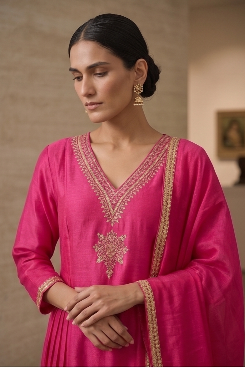 Fuchsia Pink Mul Chanderi Silk Suit Set