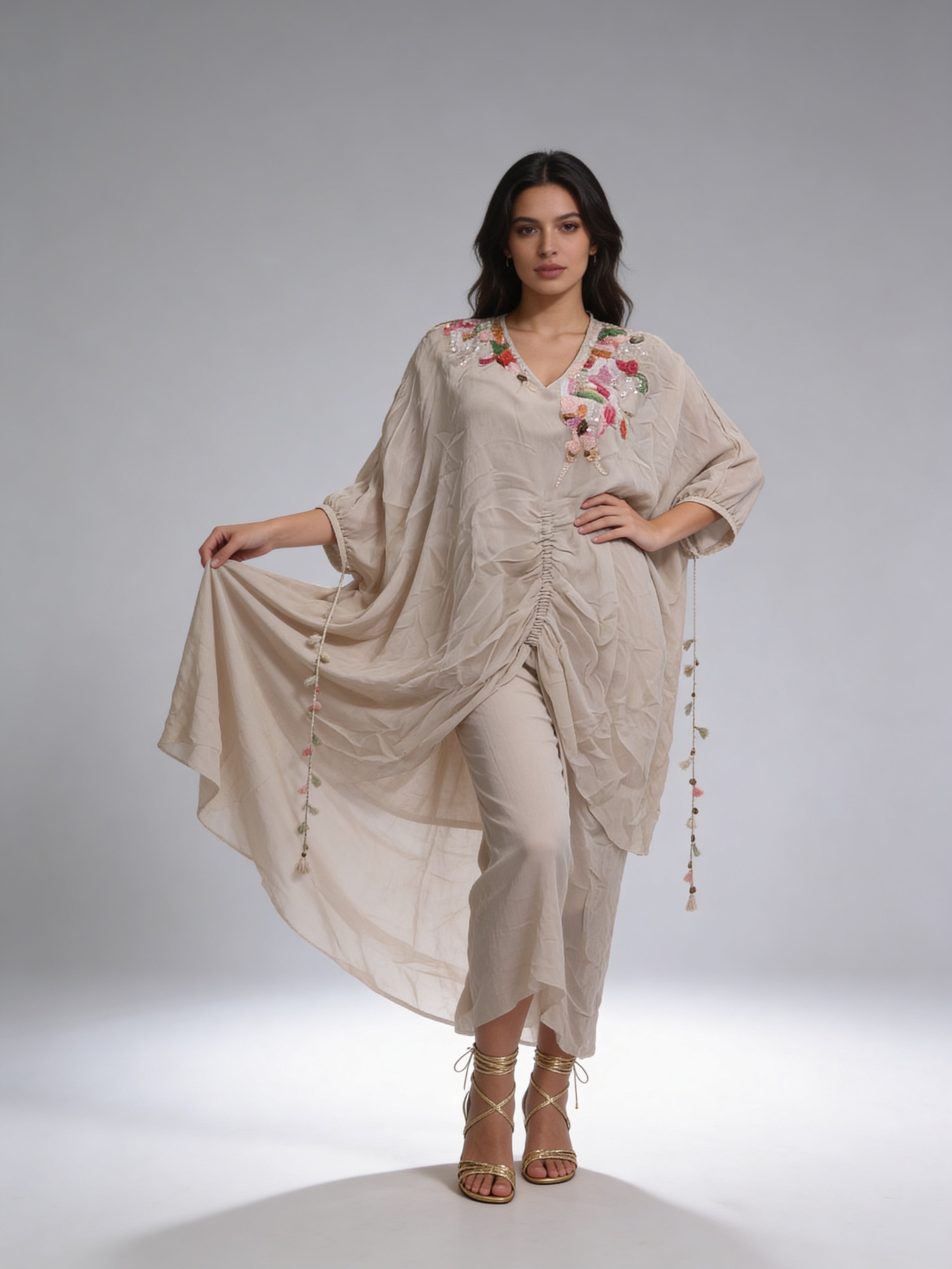 Beige Embellished Georgette Silk Kaftan Set