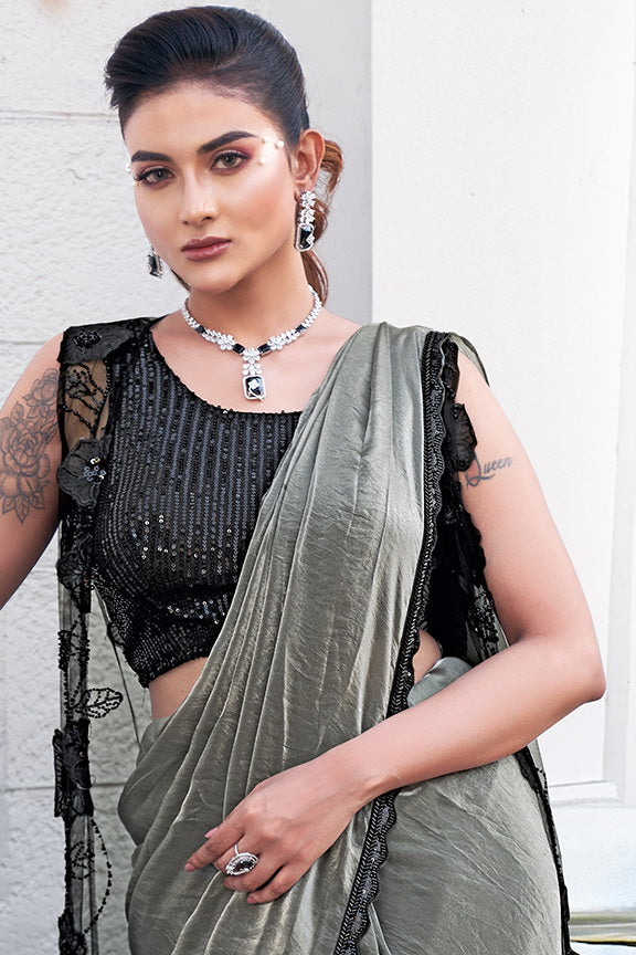 Silver Slate Embellished Satin Silk Saree