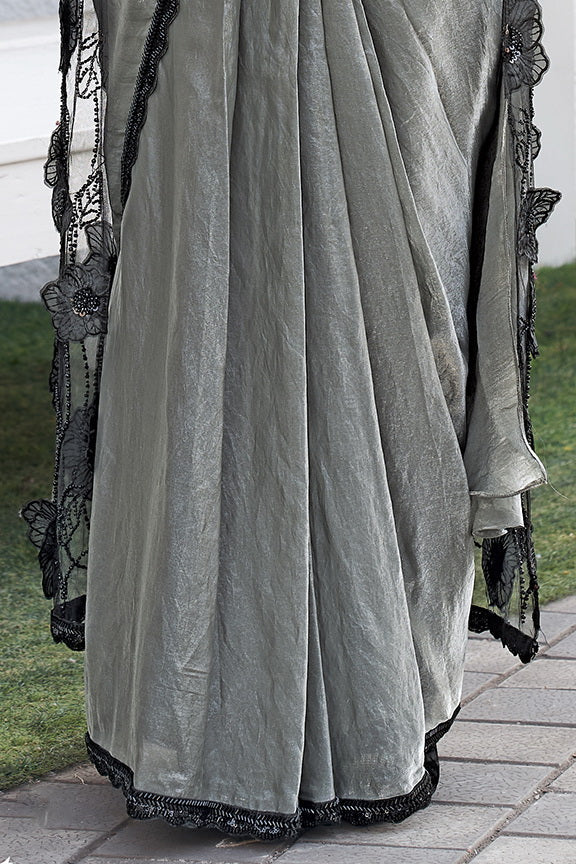 Silver Slate Embellished Satin Silk Saree