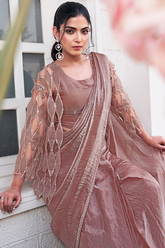 Mauve Metallic Embellished Satin Silk Saree