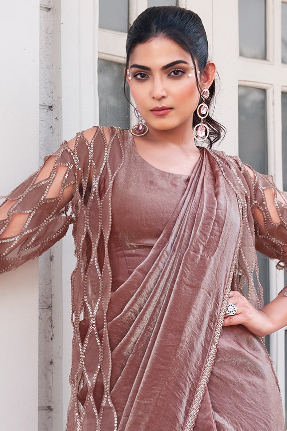 Mauve Metallic Embellished Satin Silk Saree