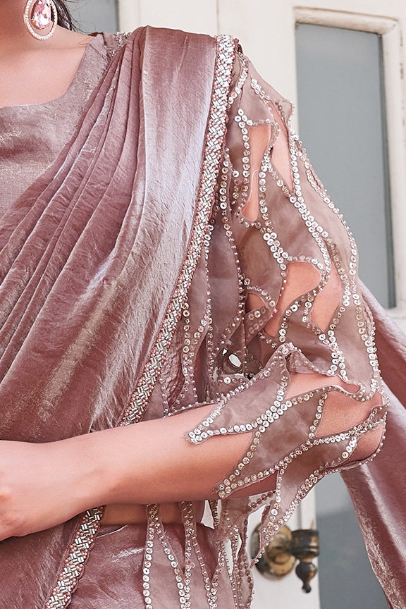 Mauve Metallic Embellished Satin Silk Saree