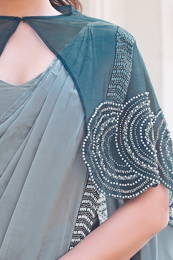 Dusty Grey Embellished Satin Silk Saree