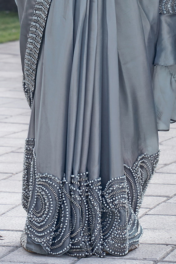 Dusty Grey Embellished Satin Silk Saree