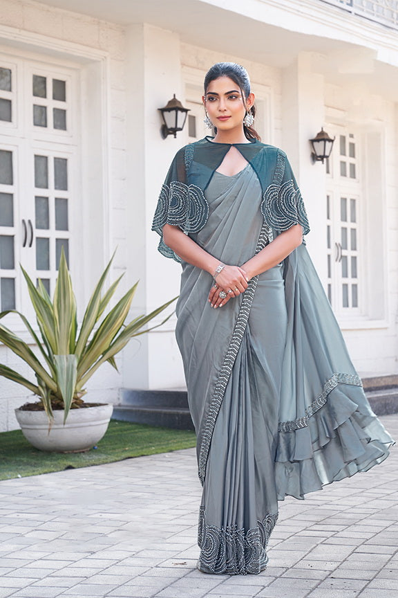 Dusty Grey Embellished Satin Silk Saree