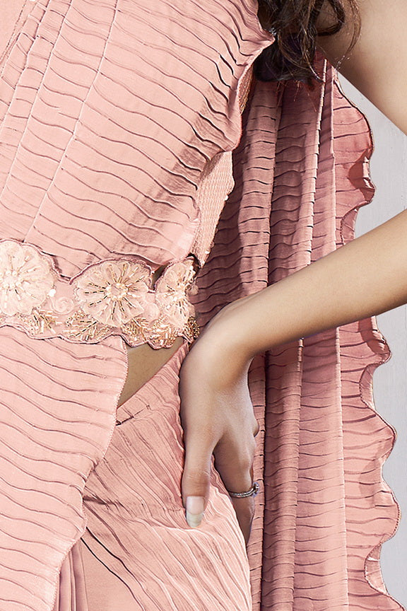 Nude Peach Ripple Embellished Crepe Satin Silk Saree