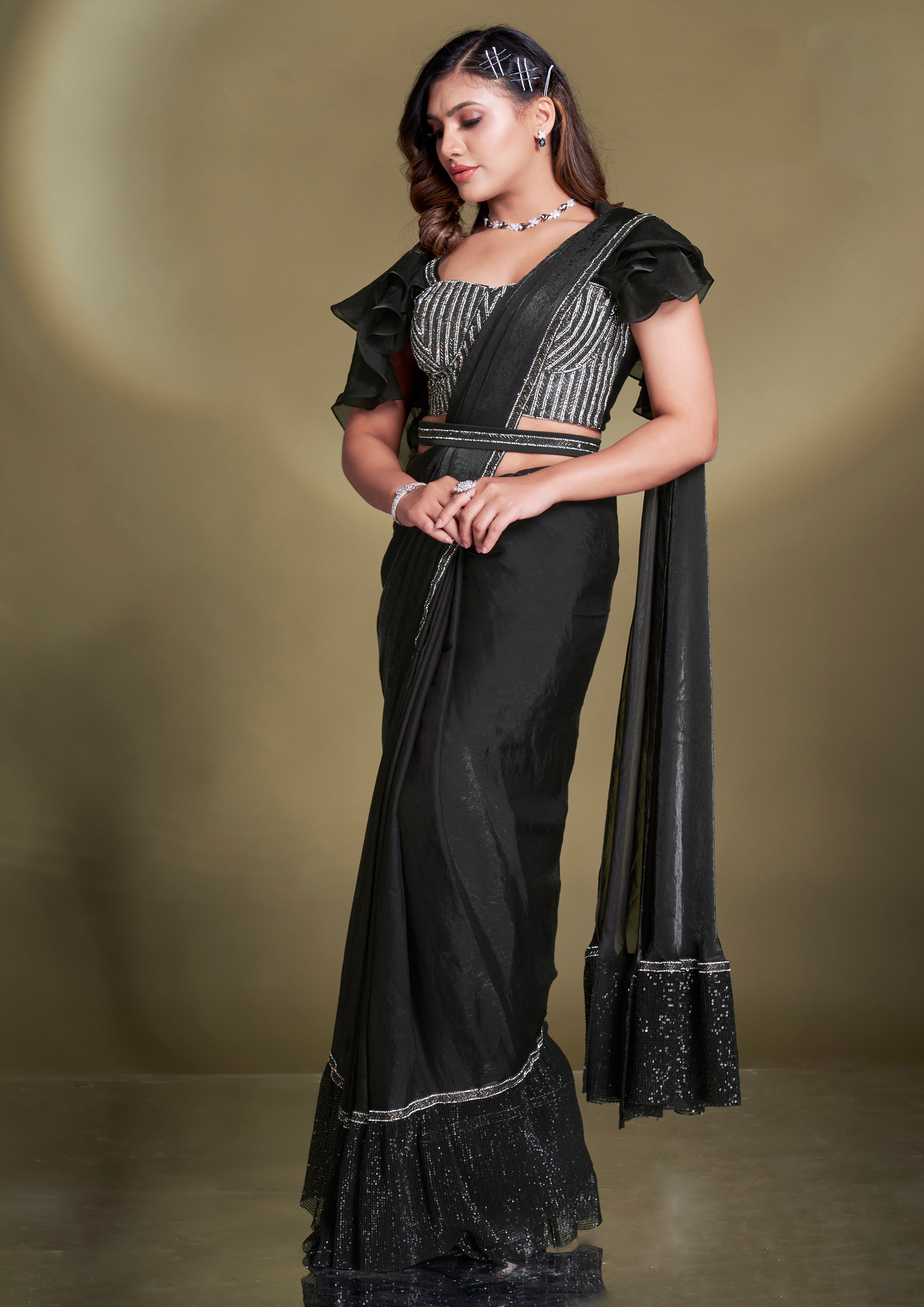 Coal Black Embellished Satin Silk Saree