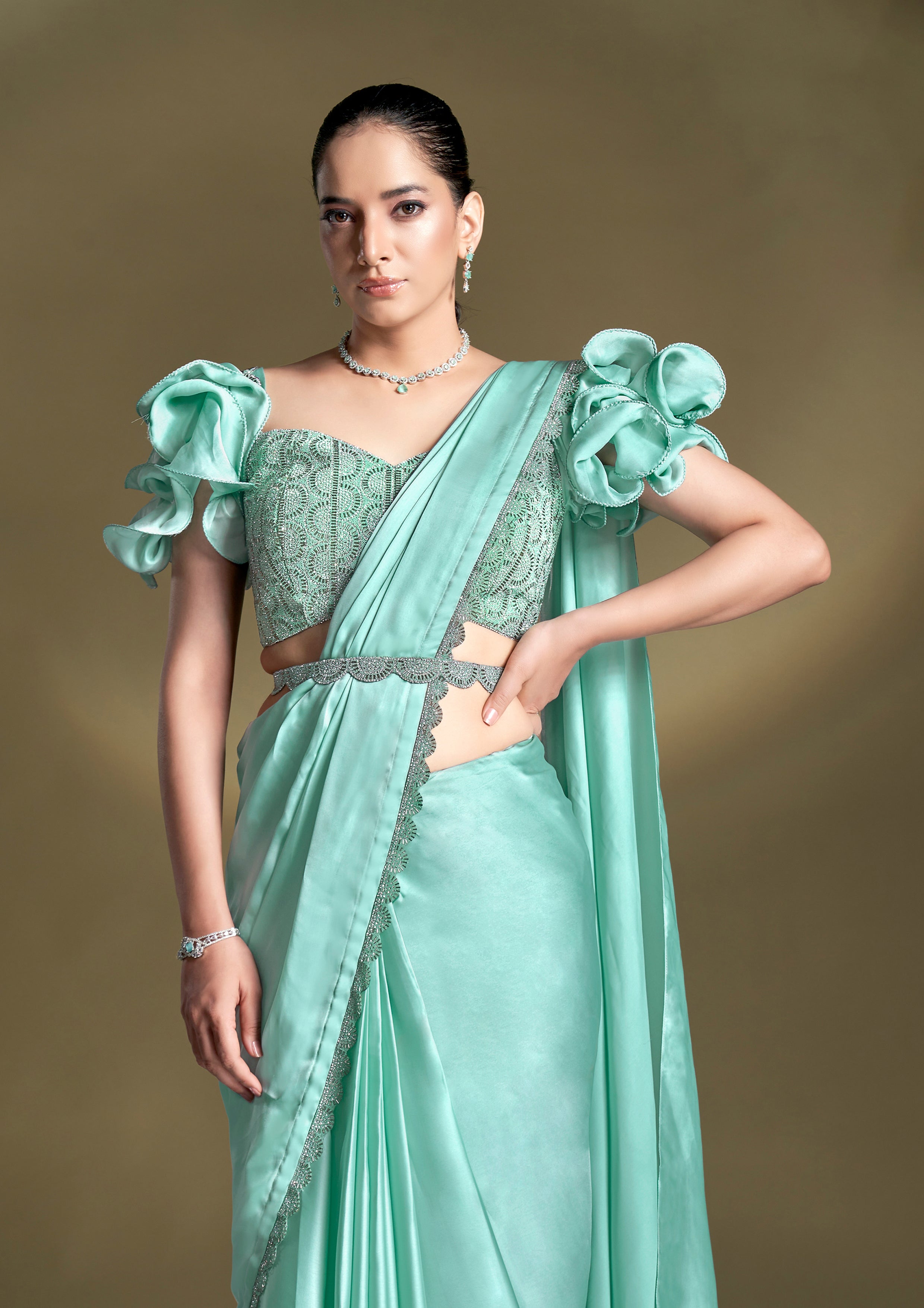 Light Turquoise Embellished Crepe Satin Silk Saree
