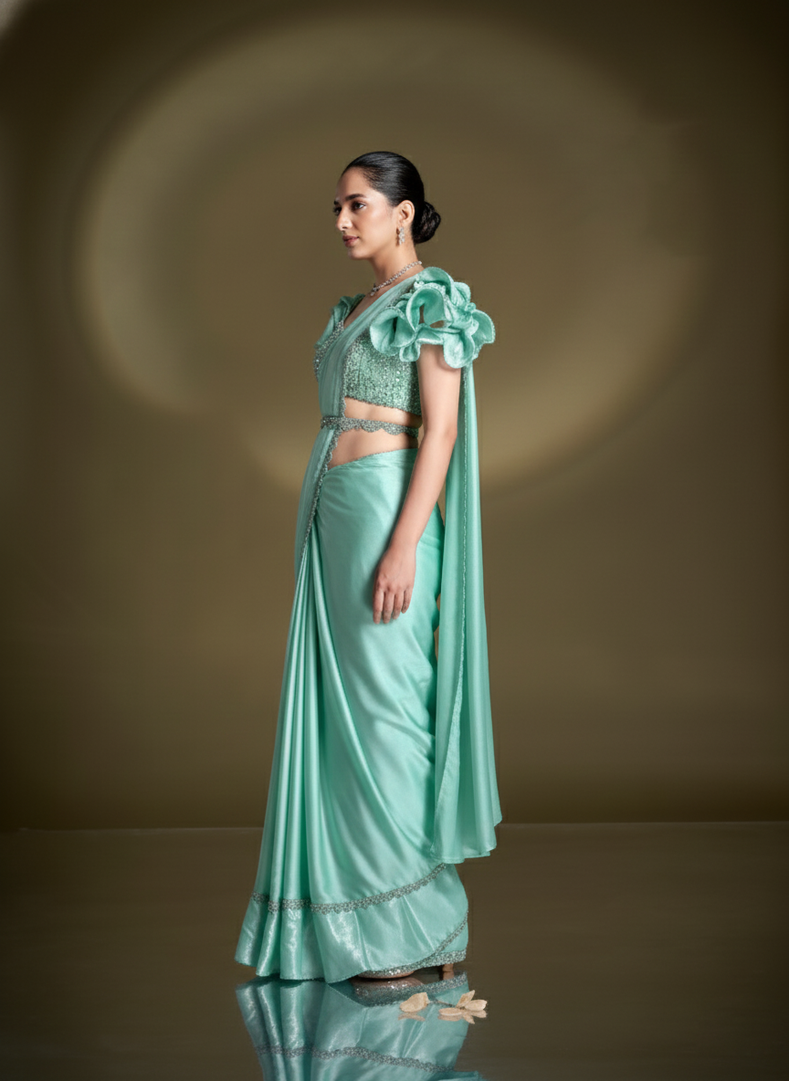 Light Turquoise Embellished Crepe Satin Silk Saree