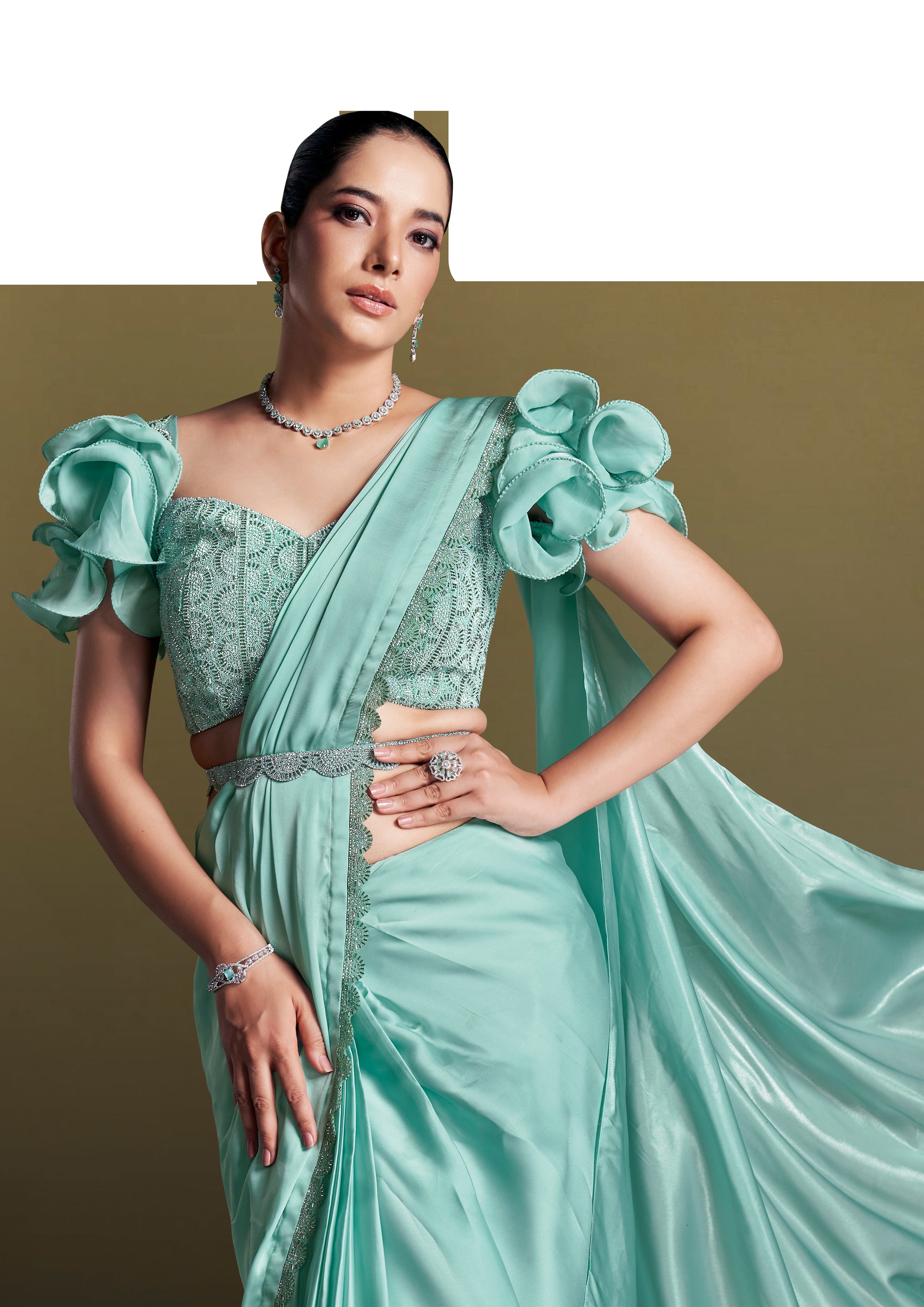 Light Turquoise Embellished Crepe Satin Silk Saree