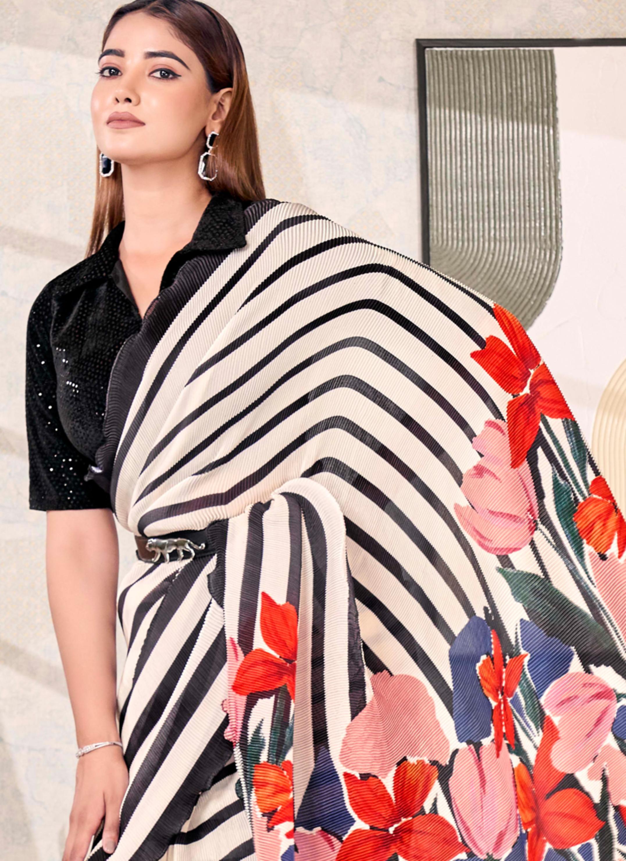 Monochrome Striped Satin Silk Saree with Floral Pallu