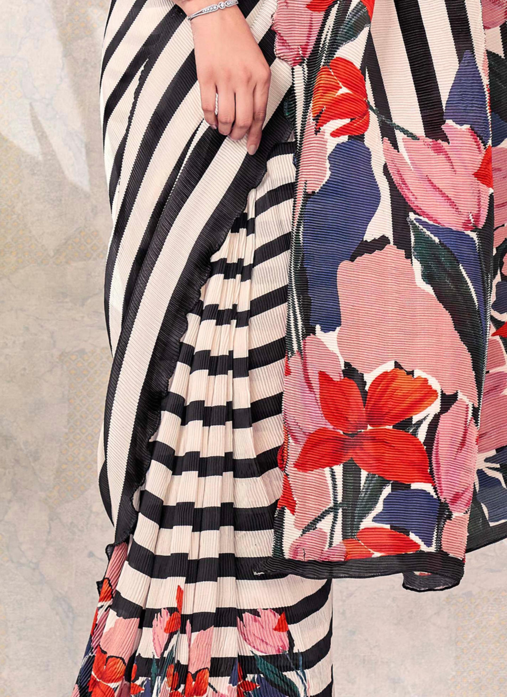 Monochrome Striped Satin Silk Saree with Floral Pallu