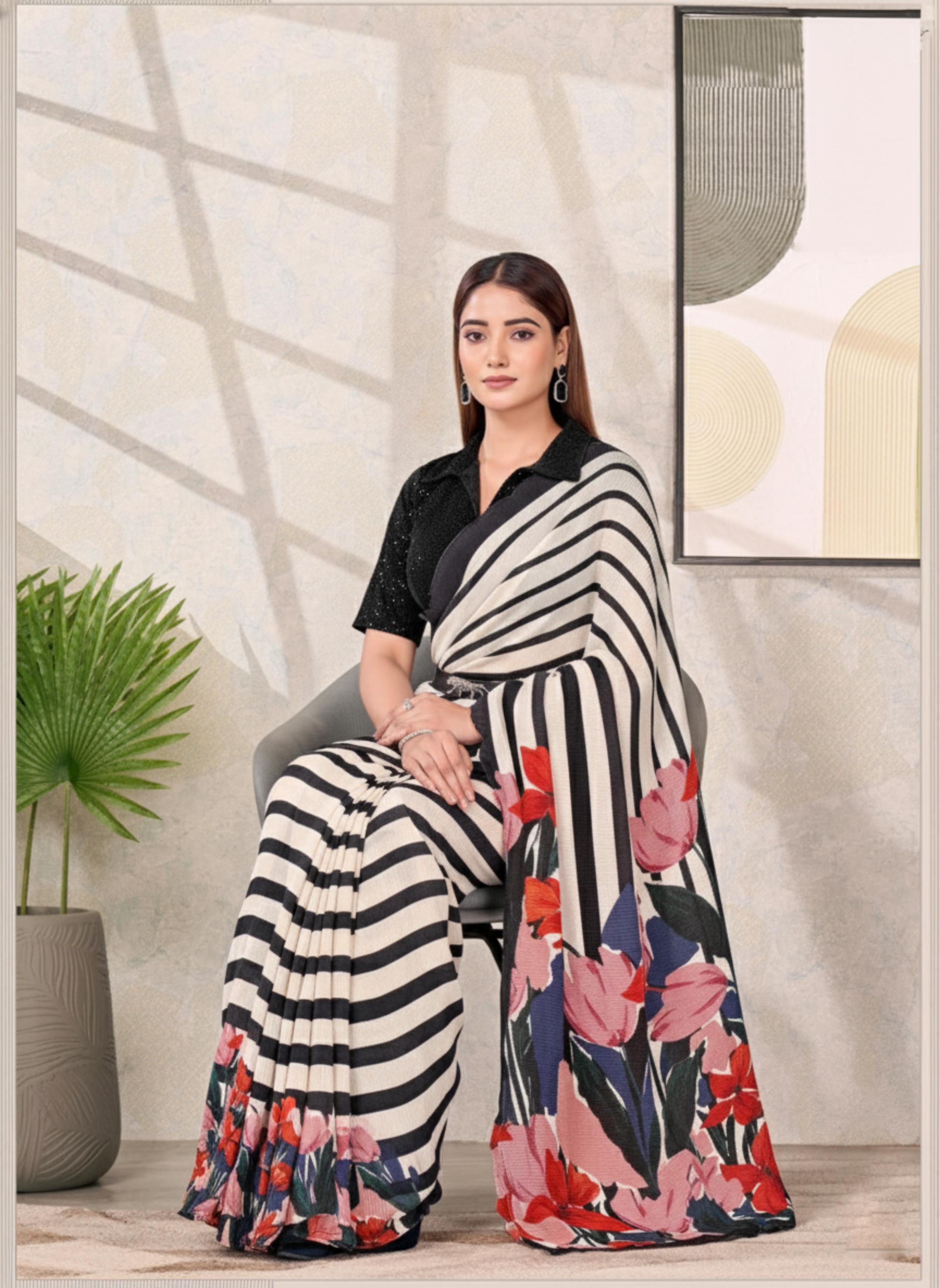 Monochrome Striped Satin Silk Saree with Floral Pallu