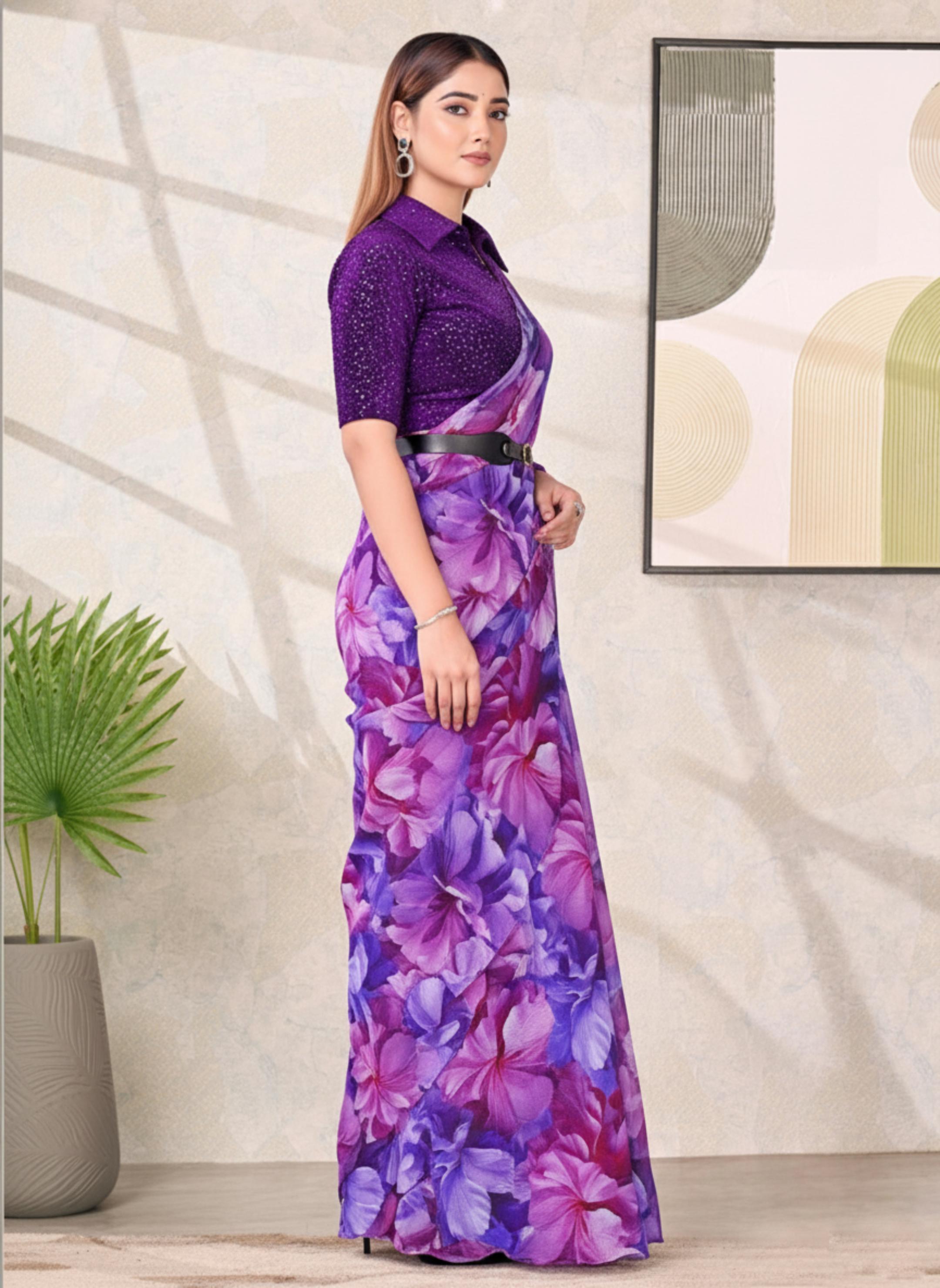 Purple Floral Satin Silk Saree with Velvet Blouse