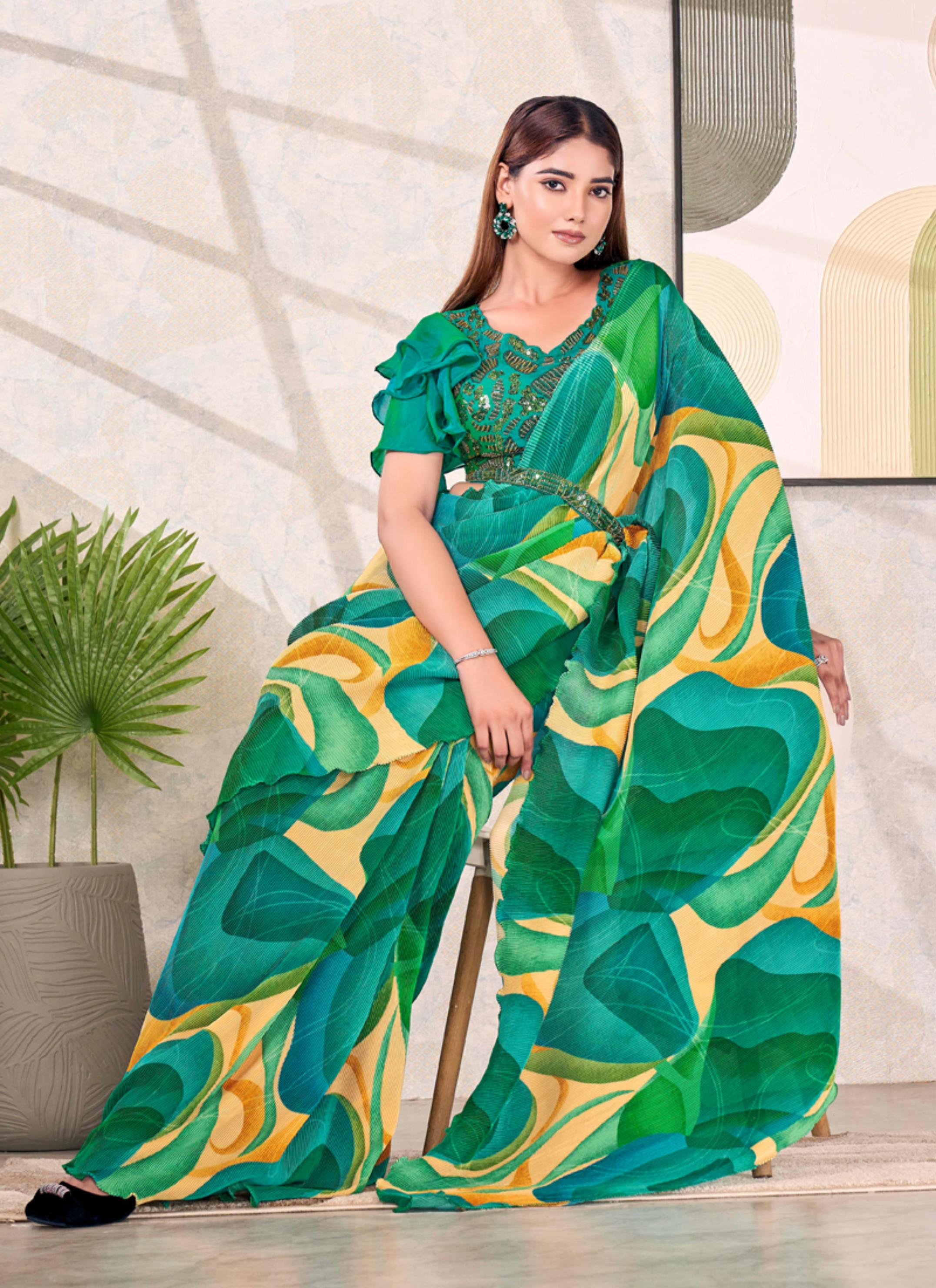 Green Swirl Satin Silk Saree