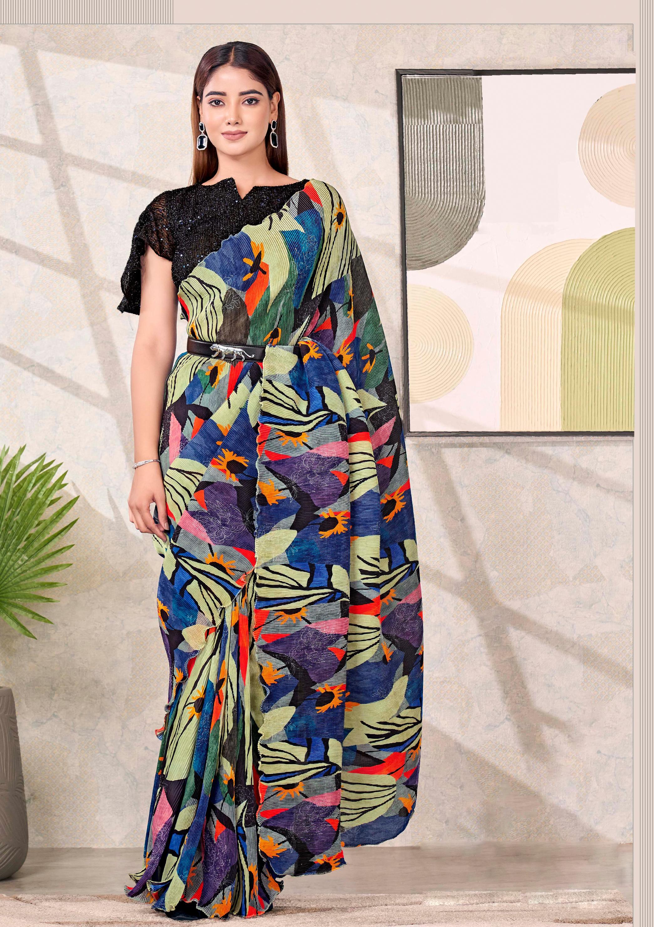 Blue-Green Abstract Satin Silk Saree