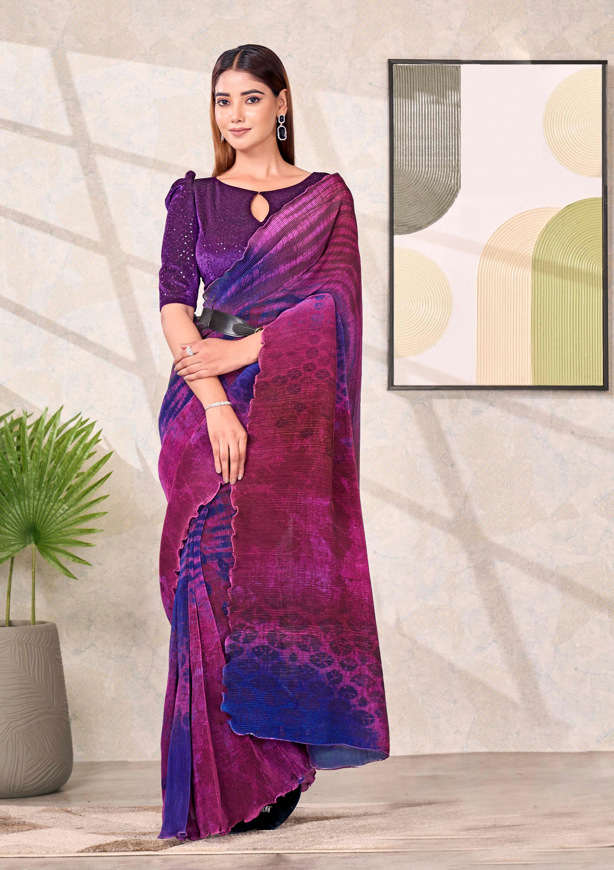 Purple Satin Silk Saree with Belt