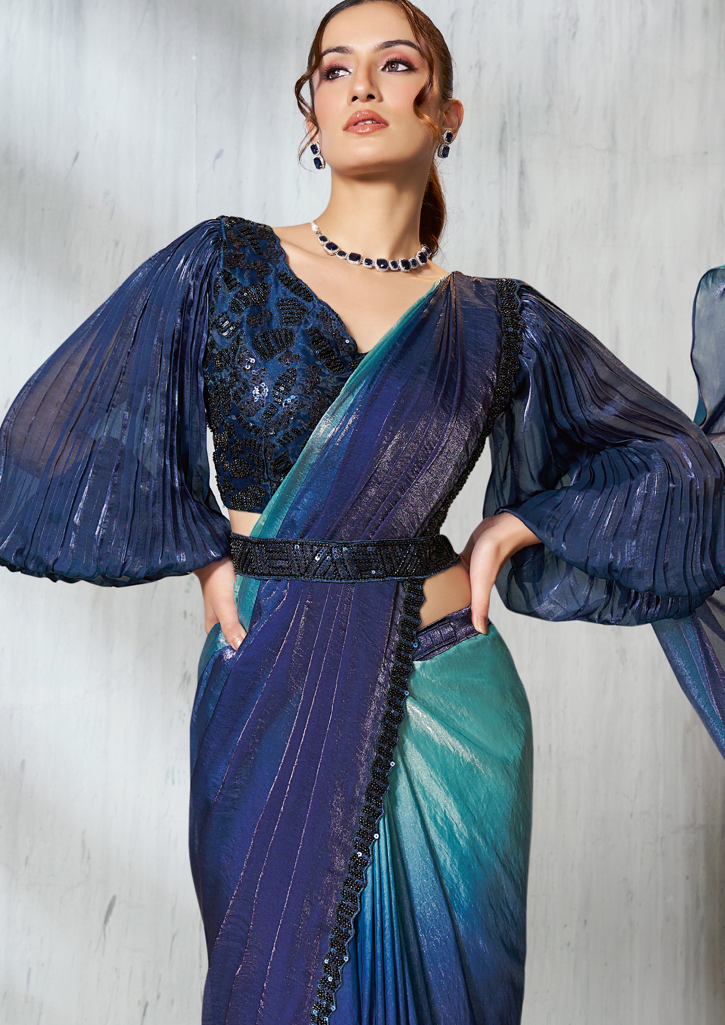 Midnight Blue Dual Tone Jimmy Choo Silk Saree