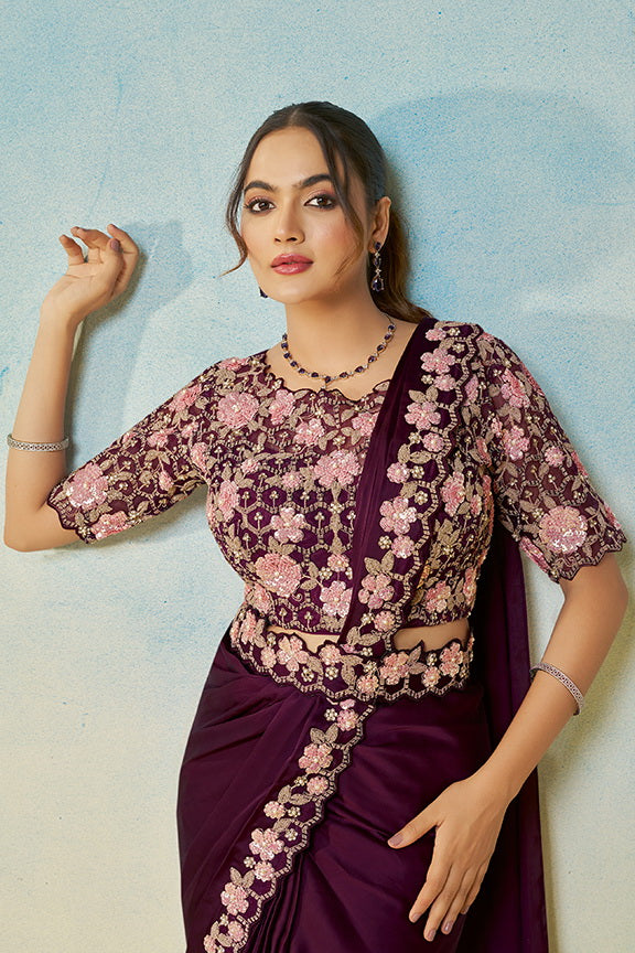 Deep Wine Embellished Satin Silk Saree