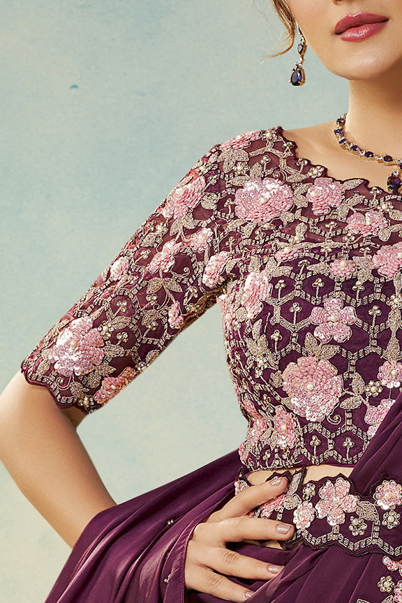 Deep Wine Embellished Satin Silk Saree
