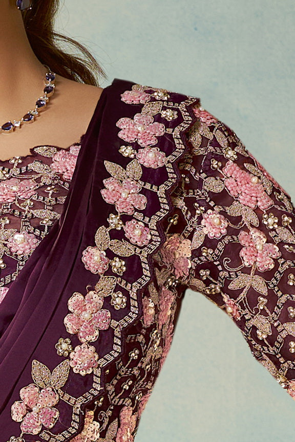 Deep Wine Embellished Satin Silk Saree