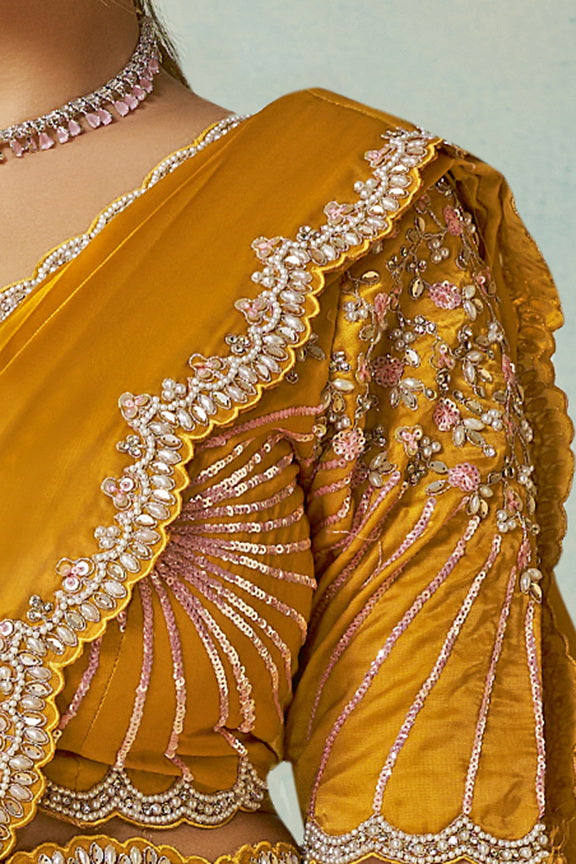 Mustard Yellow Embellished Satin Silk Saree