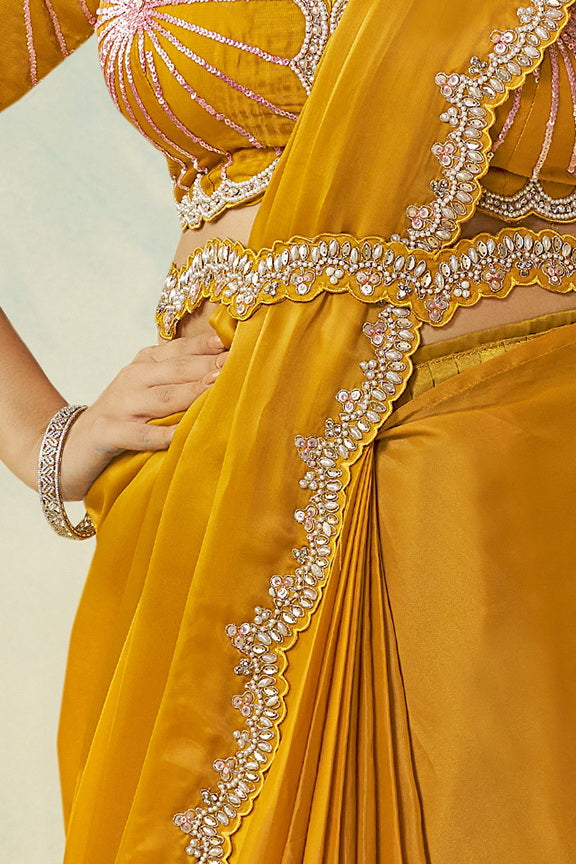 Mustard Yellow Embellished Satin Silk Saree