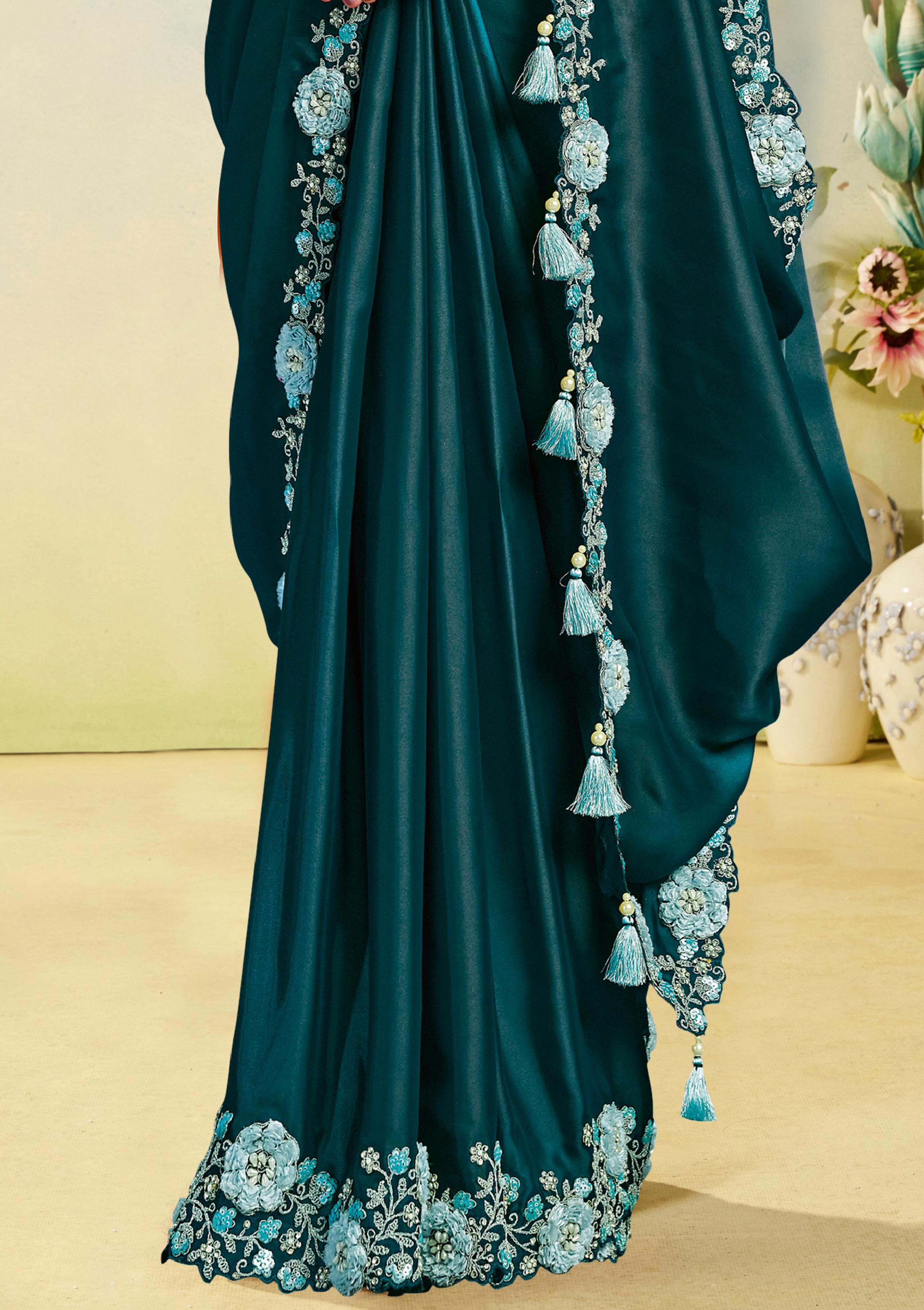 Teal Satin Silk Saree with Pearl & Stone Work