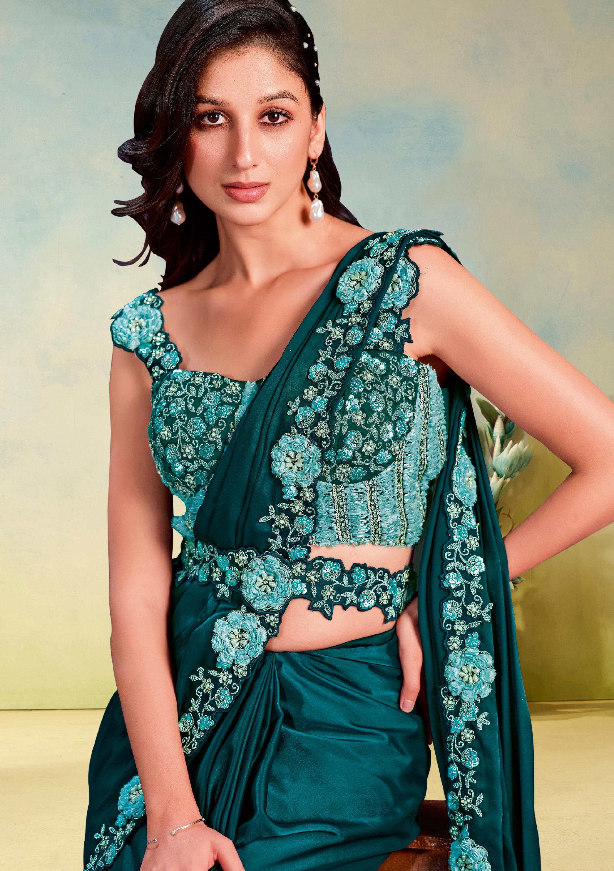 Teal Satin Silk Saree with Pearl & Stone Work