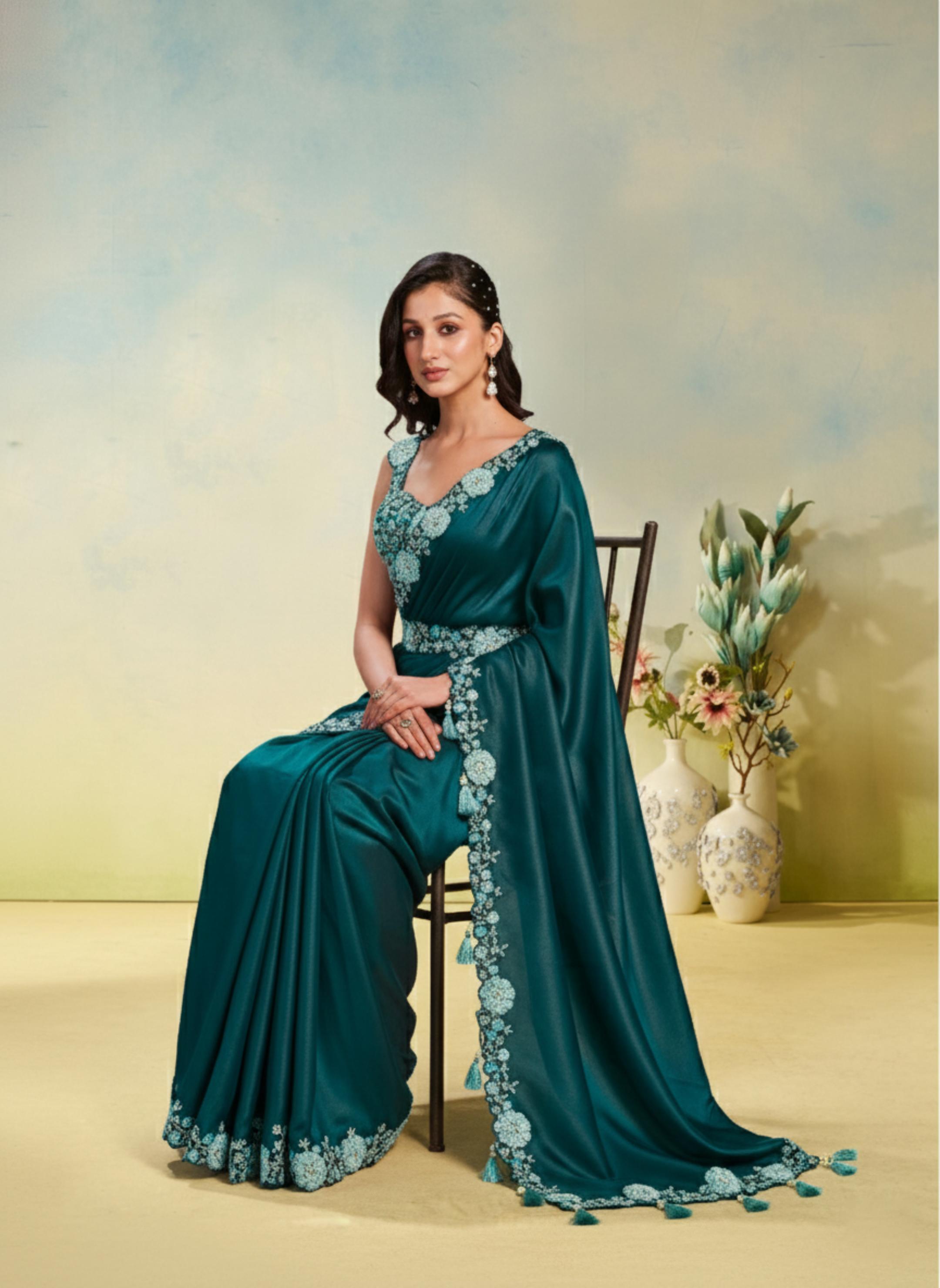 Teal Satin Silk Saree with Pearl & Stone Work