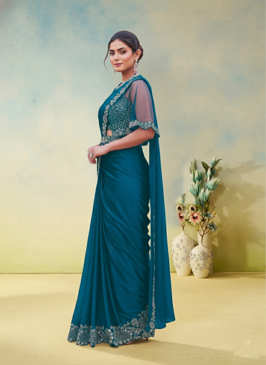 Sapphire Embellished Crepe Satin Silk Draped Saree