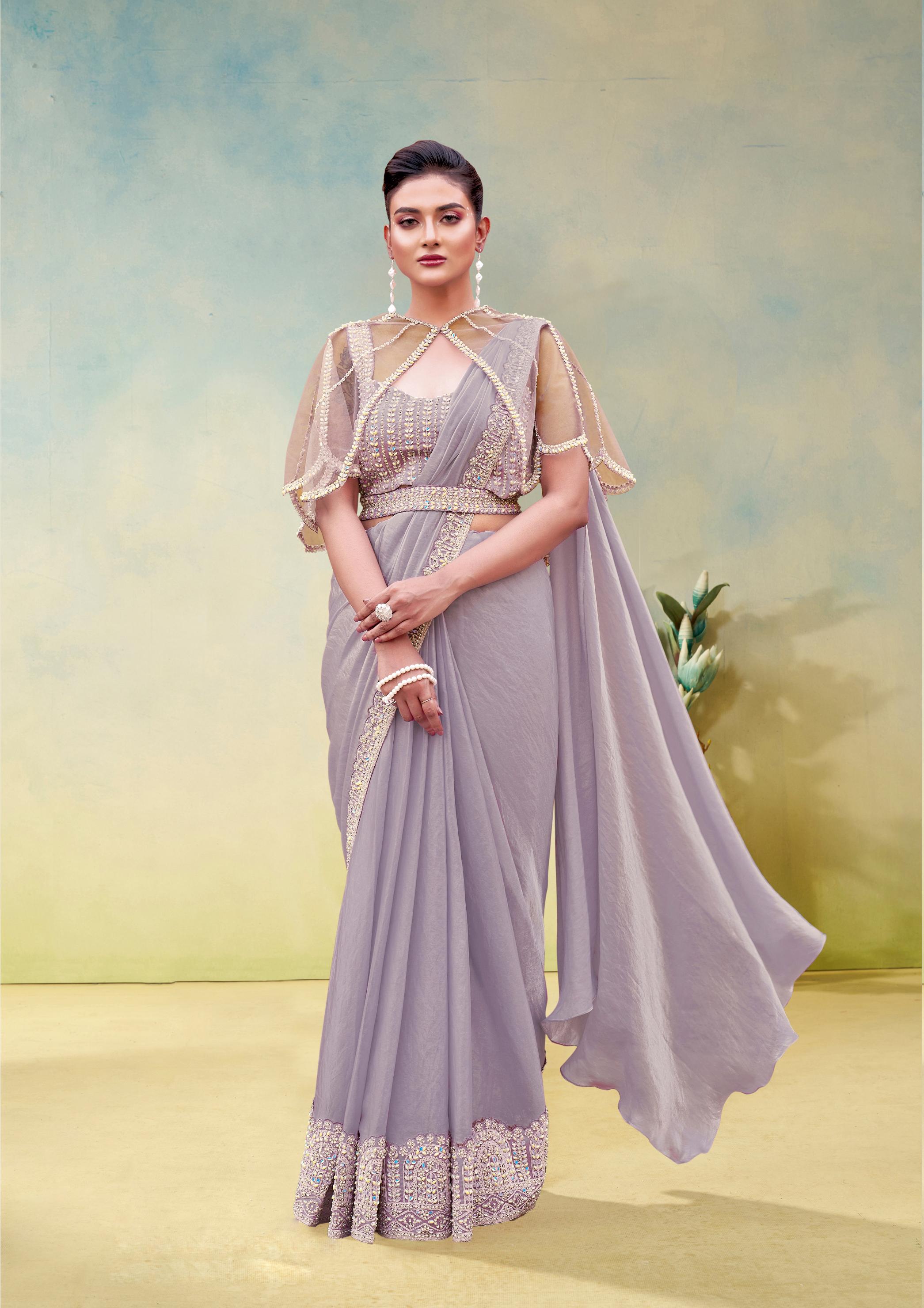 Dusty Lilac Embellished Satin Silk Draped Saree