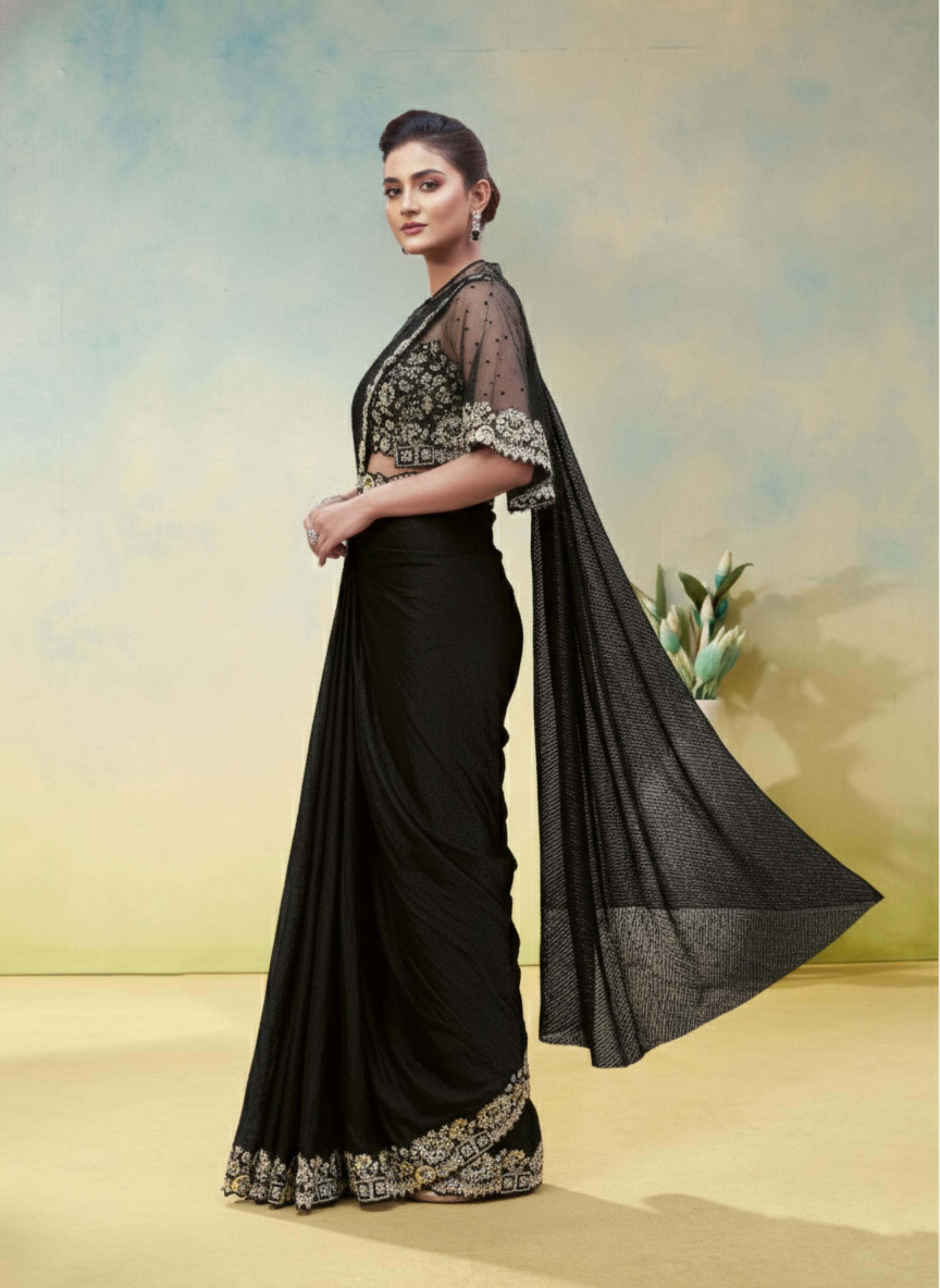 Jet Black Embellished Satin Silk Draped Saree