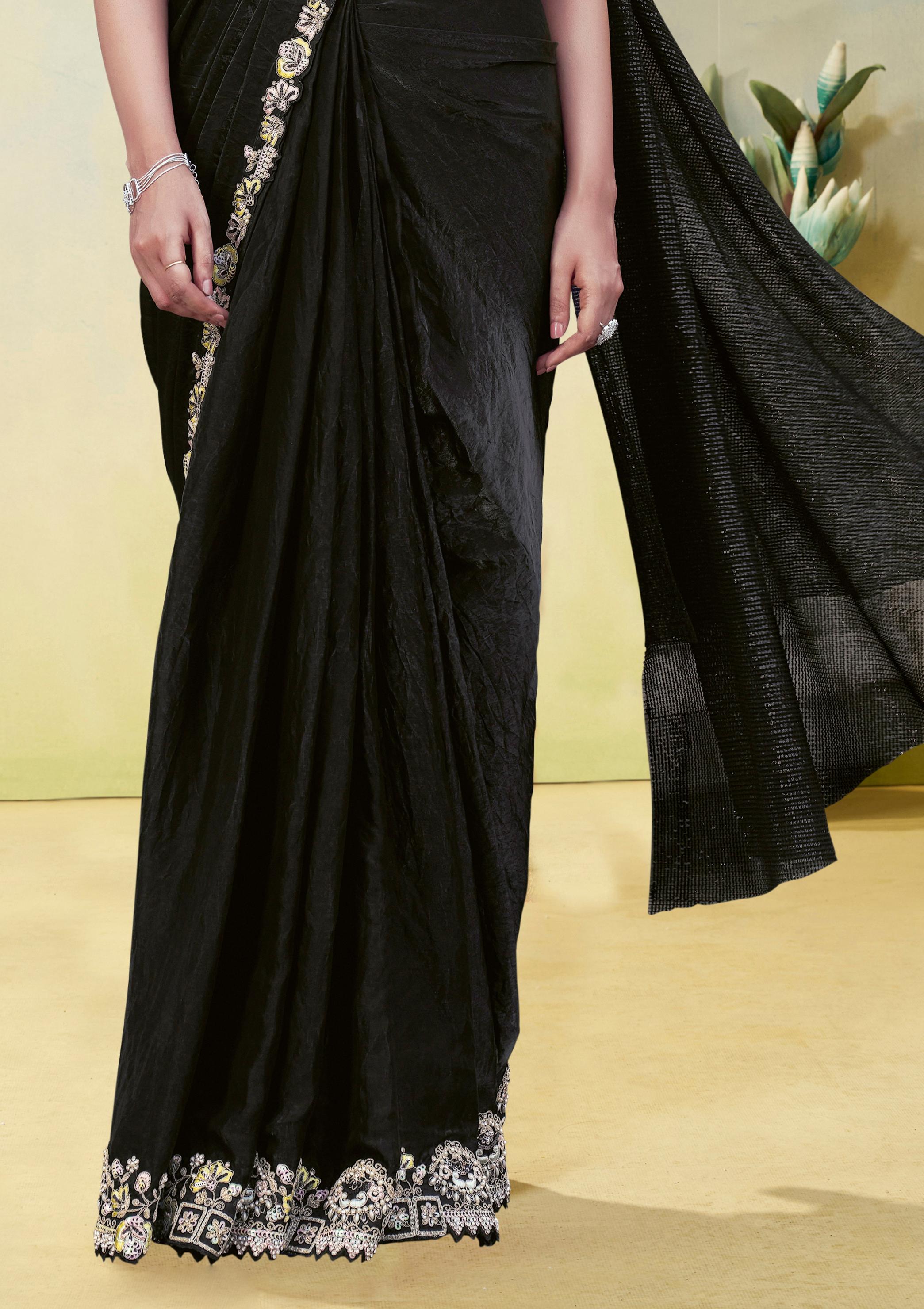 Jet Black Embellished Satin Silk Draped Saree