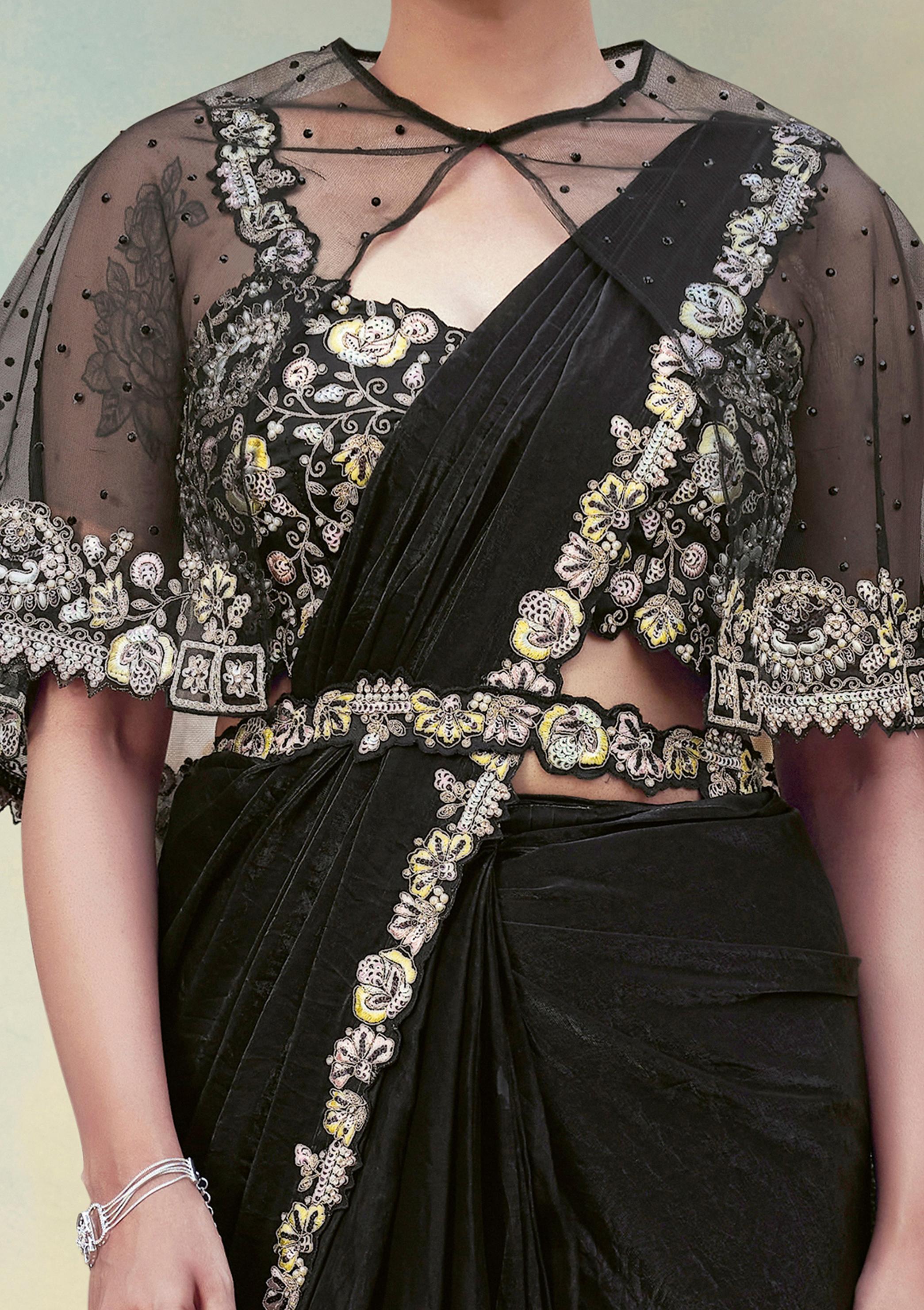 Jet Black Embellished Satin Silk Draped Saree