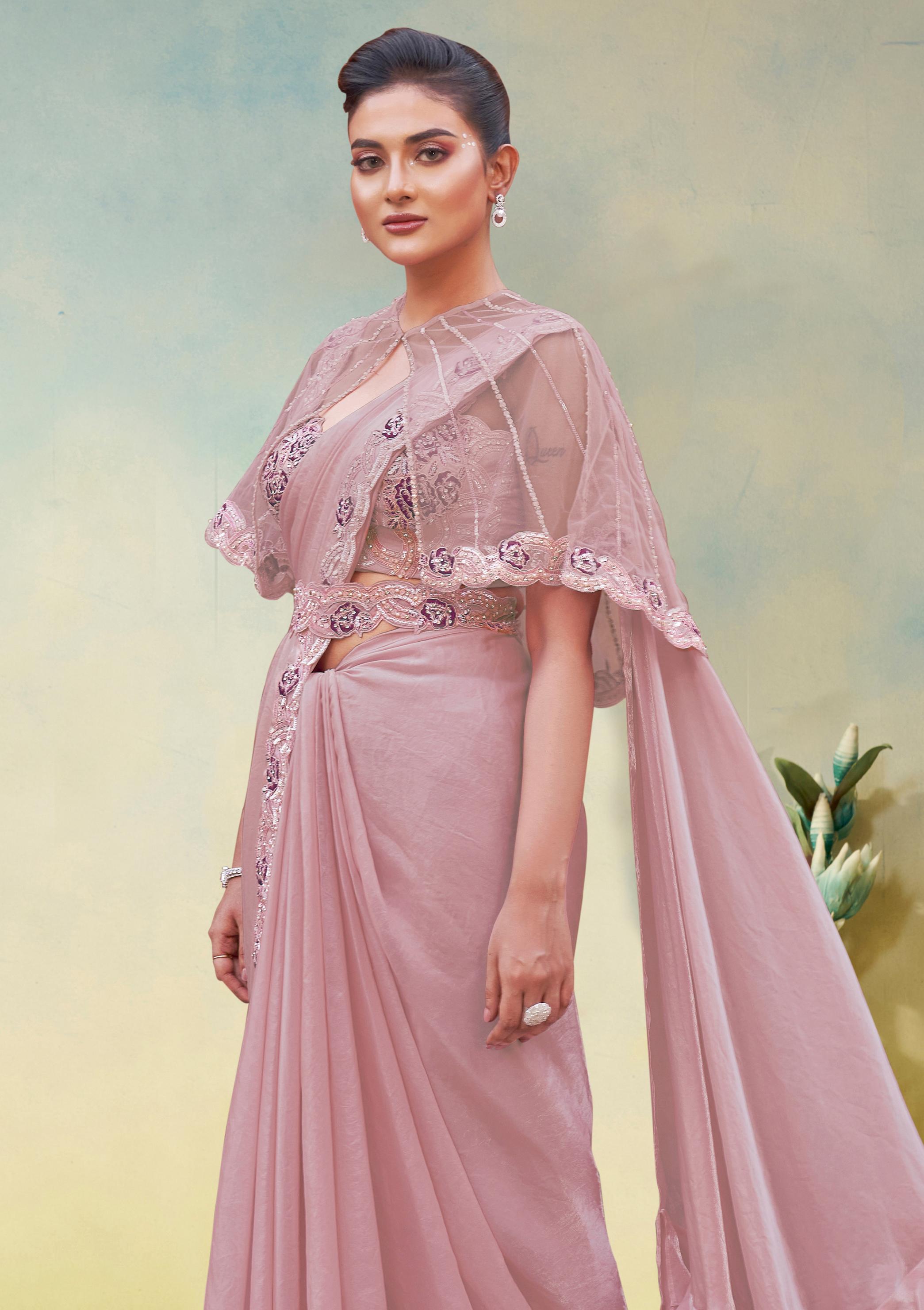 Soft Pink Embellished Satin Silk Draped Saree