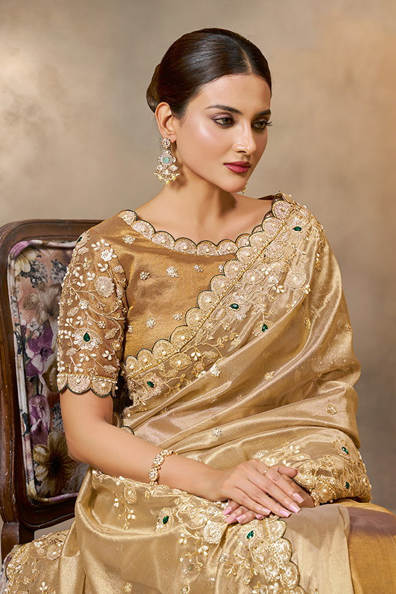 Golden Embellished Kora Zari Tissue Silk Saree