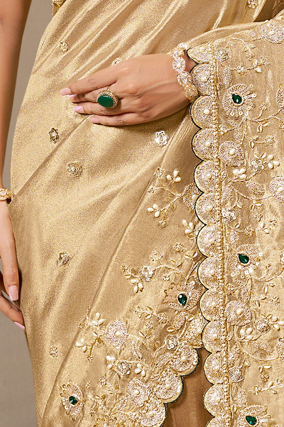Golden Embellished Kora Zari Tissue Silk Saree