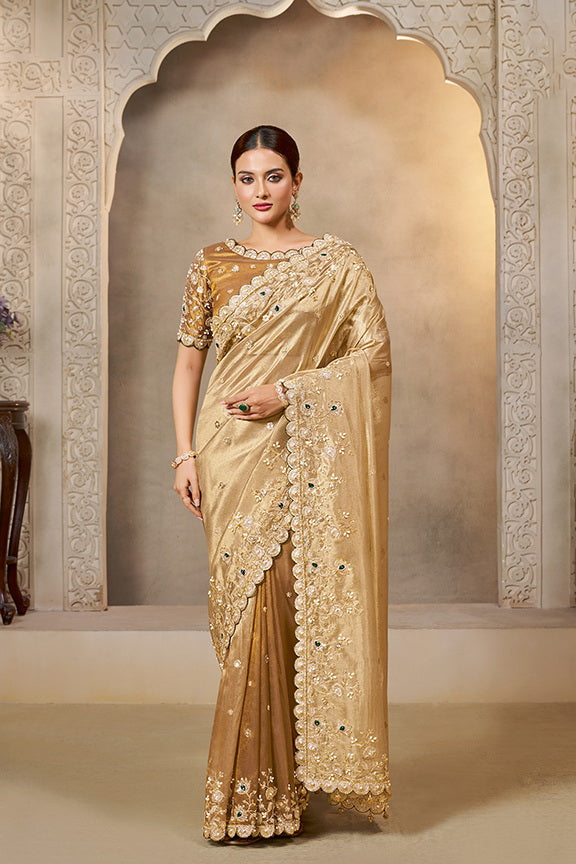 Golden Embellished Kora Zari Tissue Silk Saree
