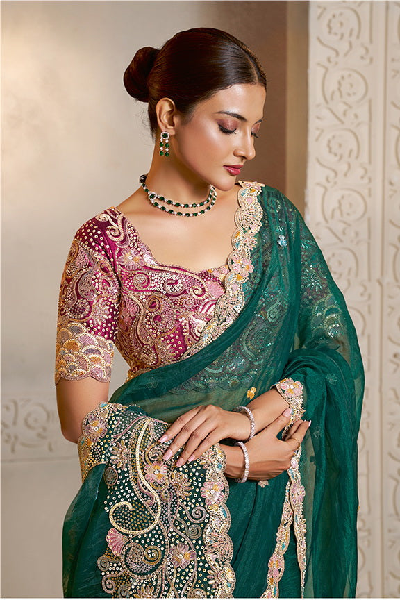 Peacock Green Embellished Organza Satin Silk Saree