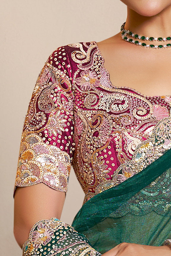 Peacock Green Embellished Organza Satin Silk Saree