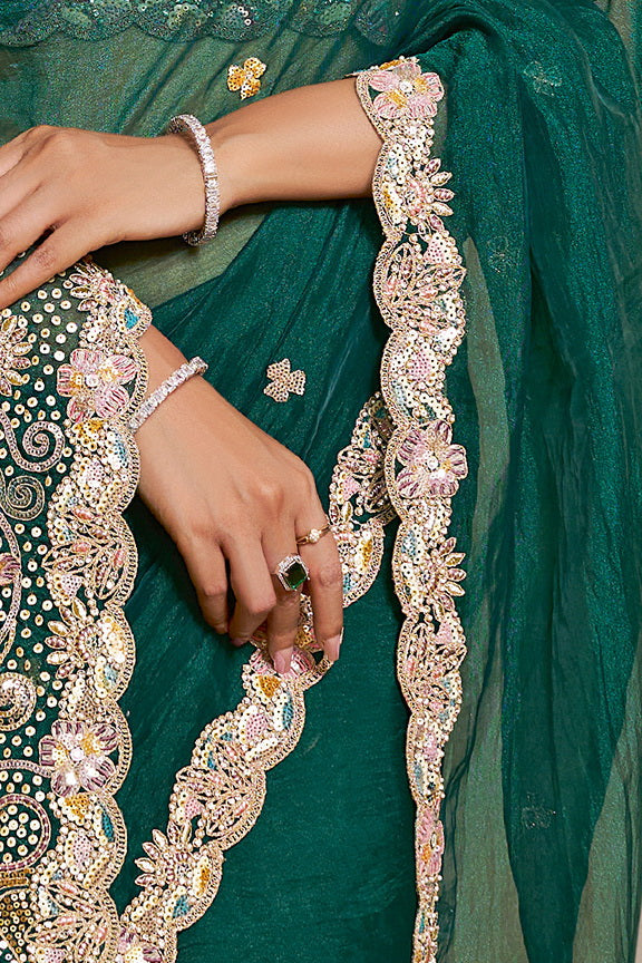 Peacock Green Embellished Organza Satin Silk Saree