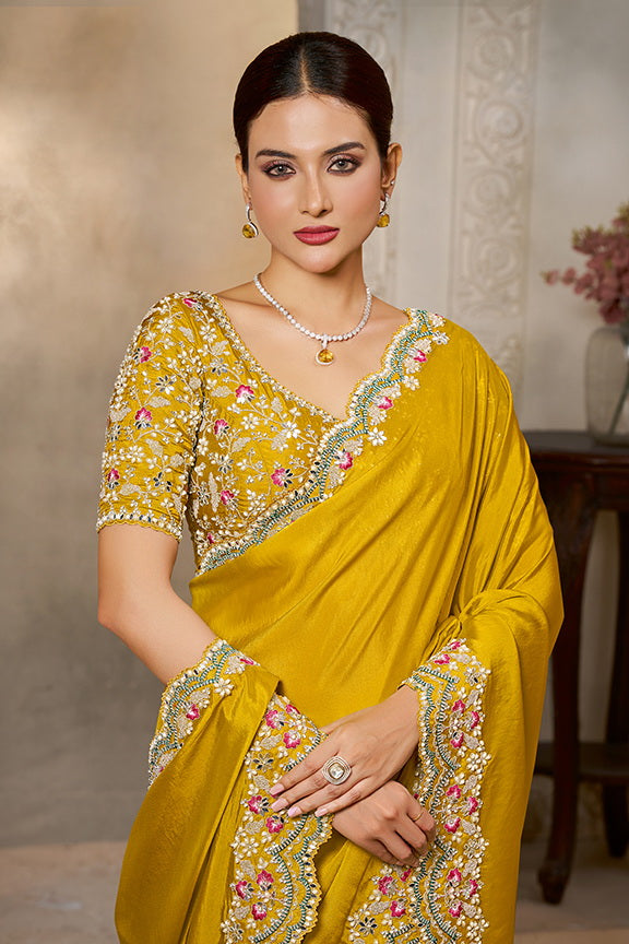 Soft Yellow Embellished Satin Silk Saree